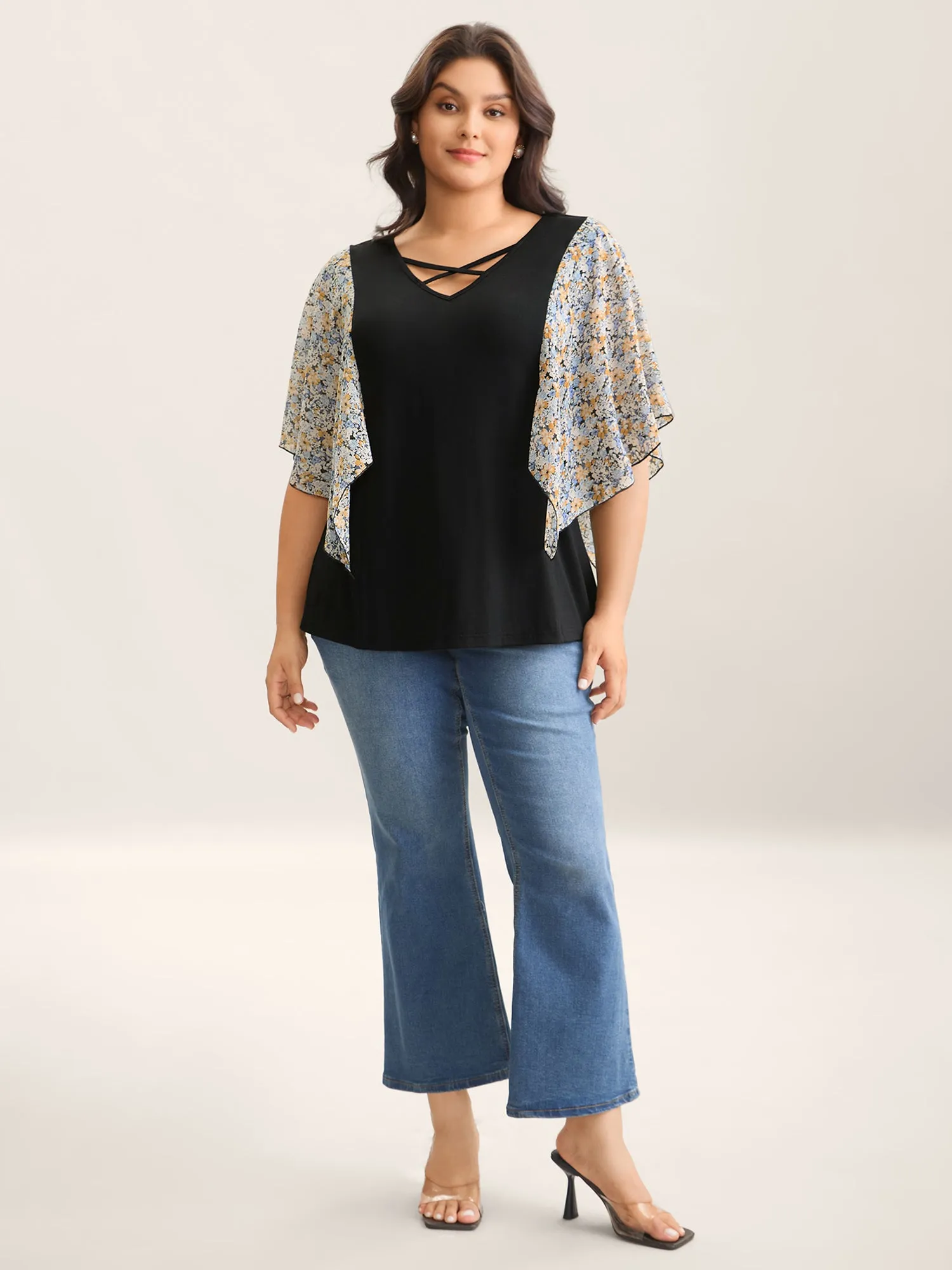 Sheer Flared Sleeve Spliced Plain Top sold by Bloomchic product image thumbnail 3
