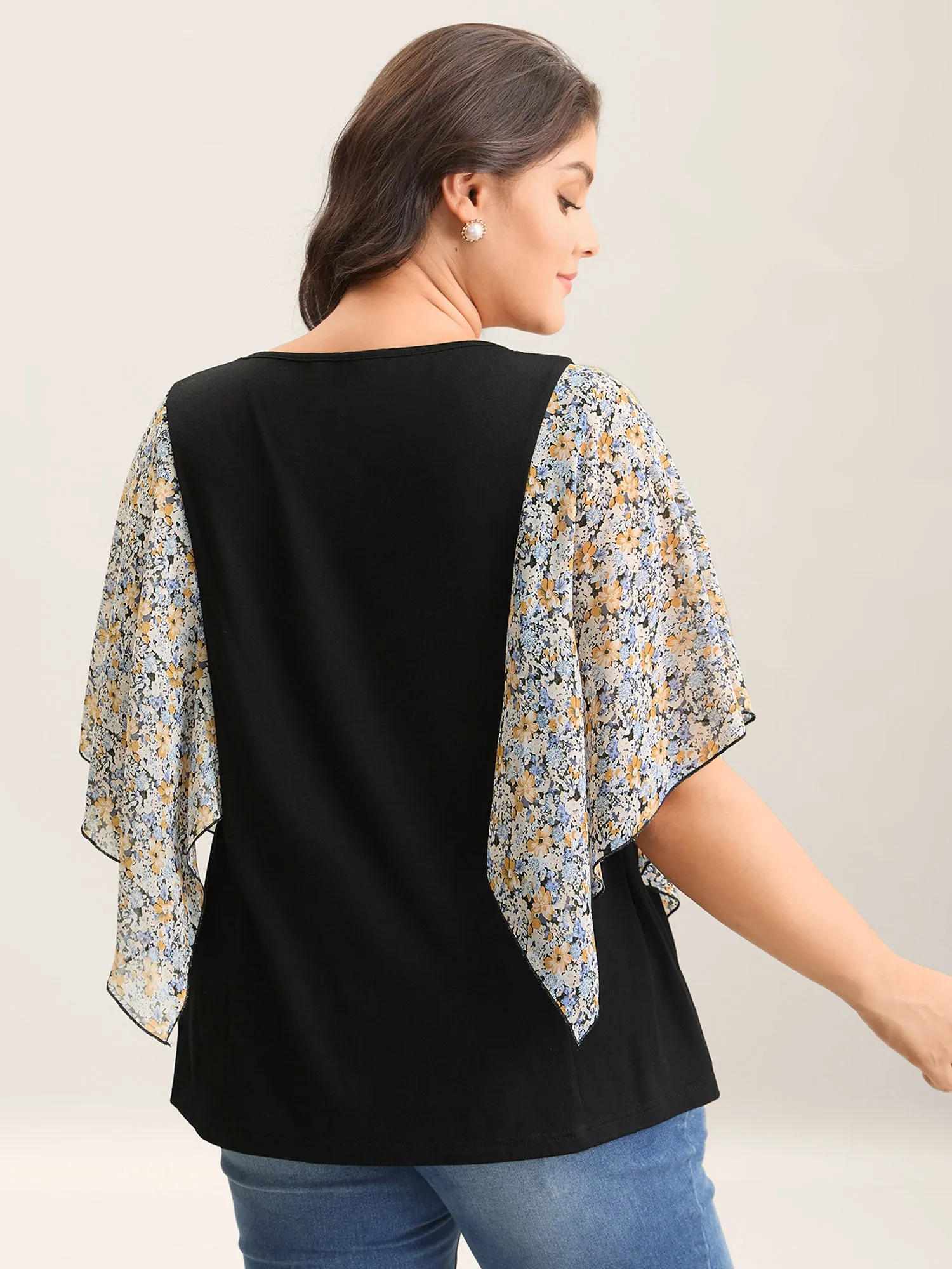 Sheer Flared Sleeve Spliced Plain Top sold by Bloomchic product image thumbnail 4