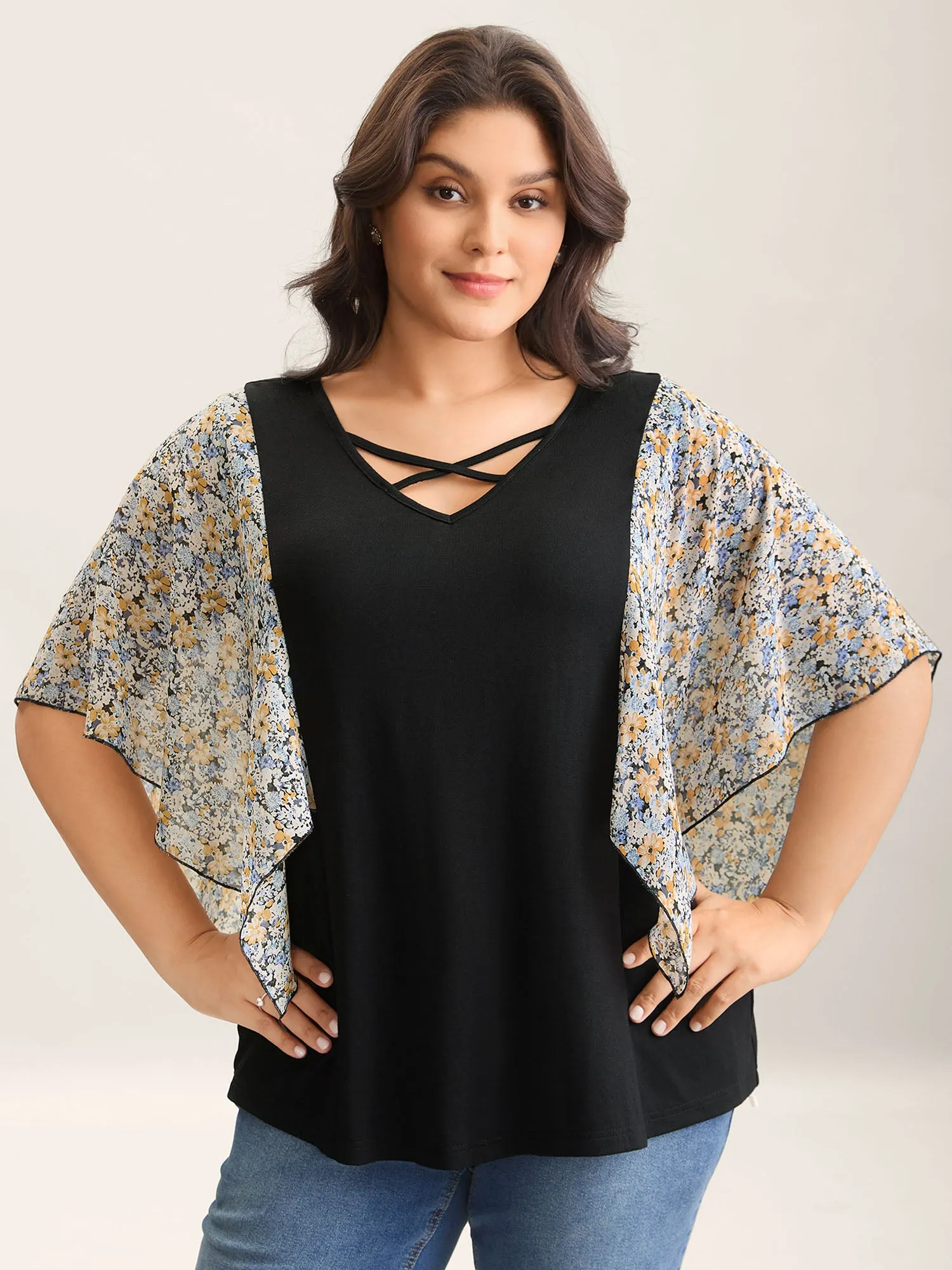 Sheer Flared Sleeve Spliced Plain Top sold by Bloomchic