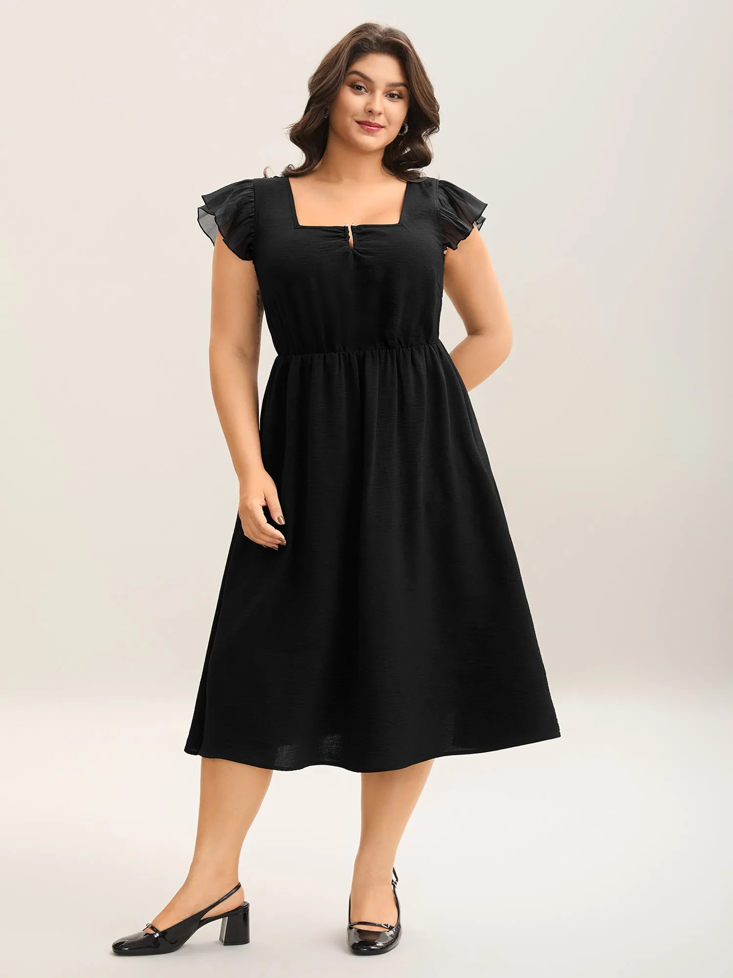 Spliced Gathered Neckline Pockets Midi Dress sold by Bloomchic