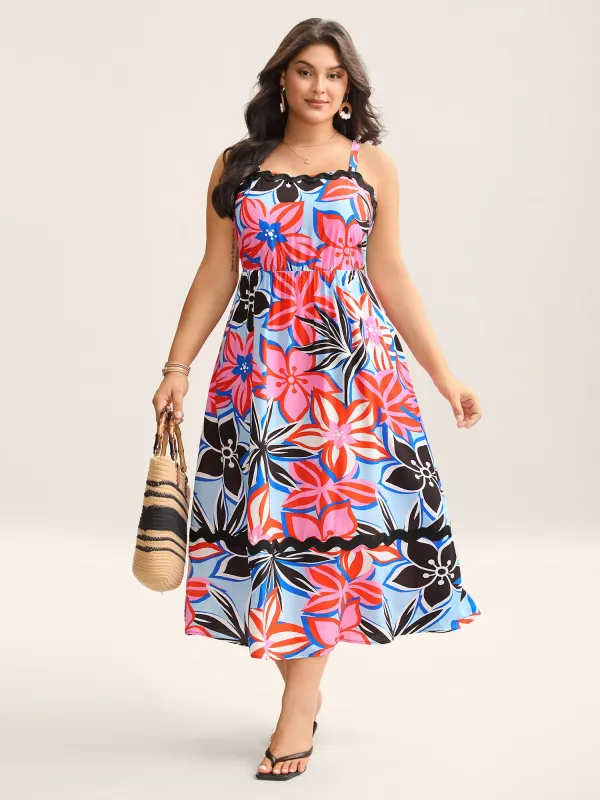 Rayon Tropical Print Spliced Webbed Midi Dress sold by Bloomchic