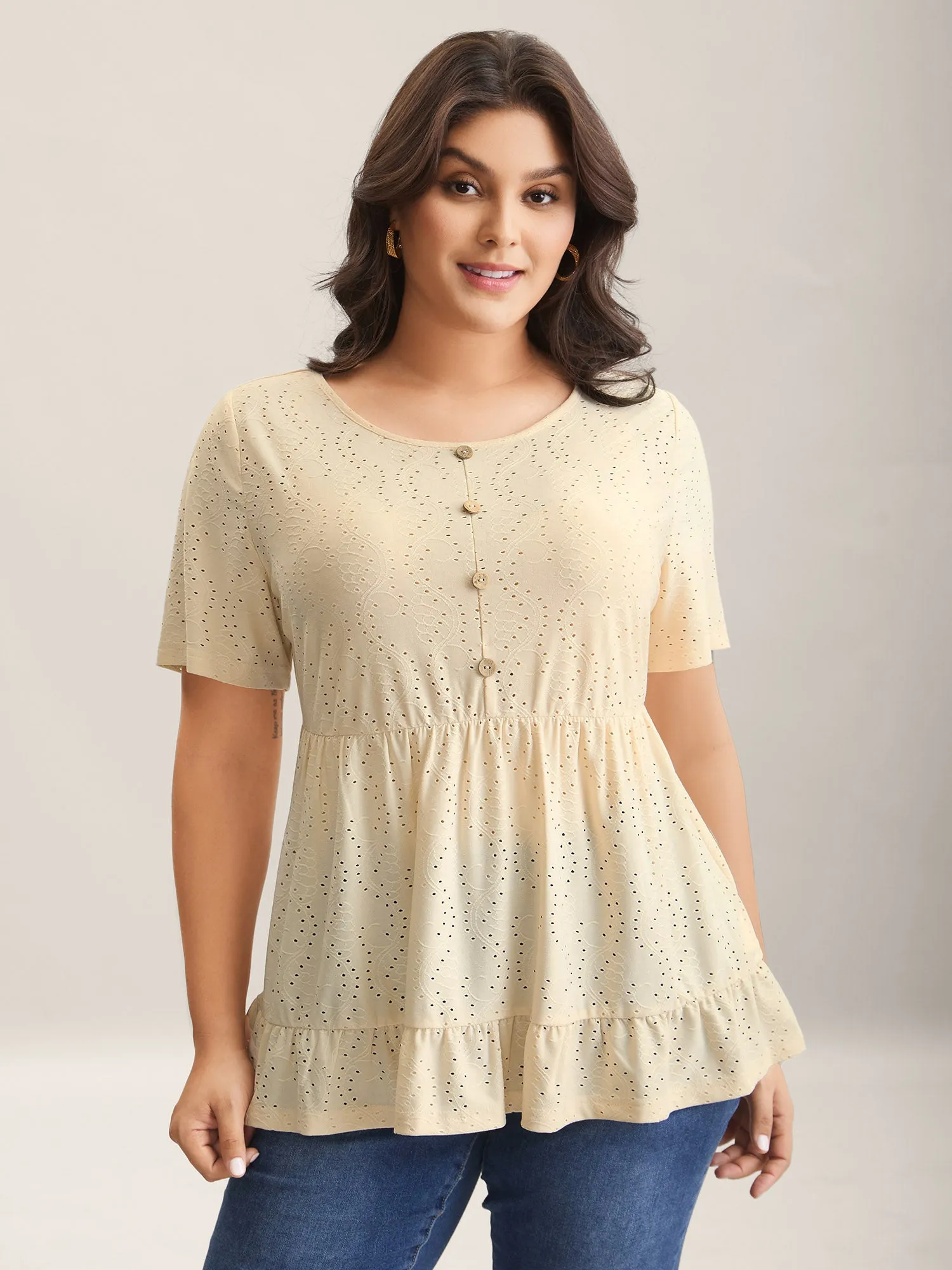 Textured Sheer Button Detail Plain Top sold by Bloomchic