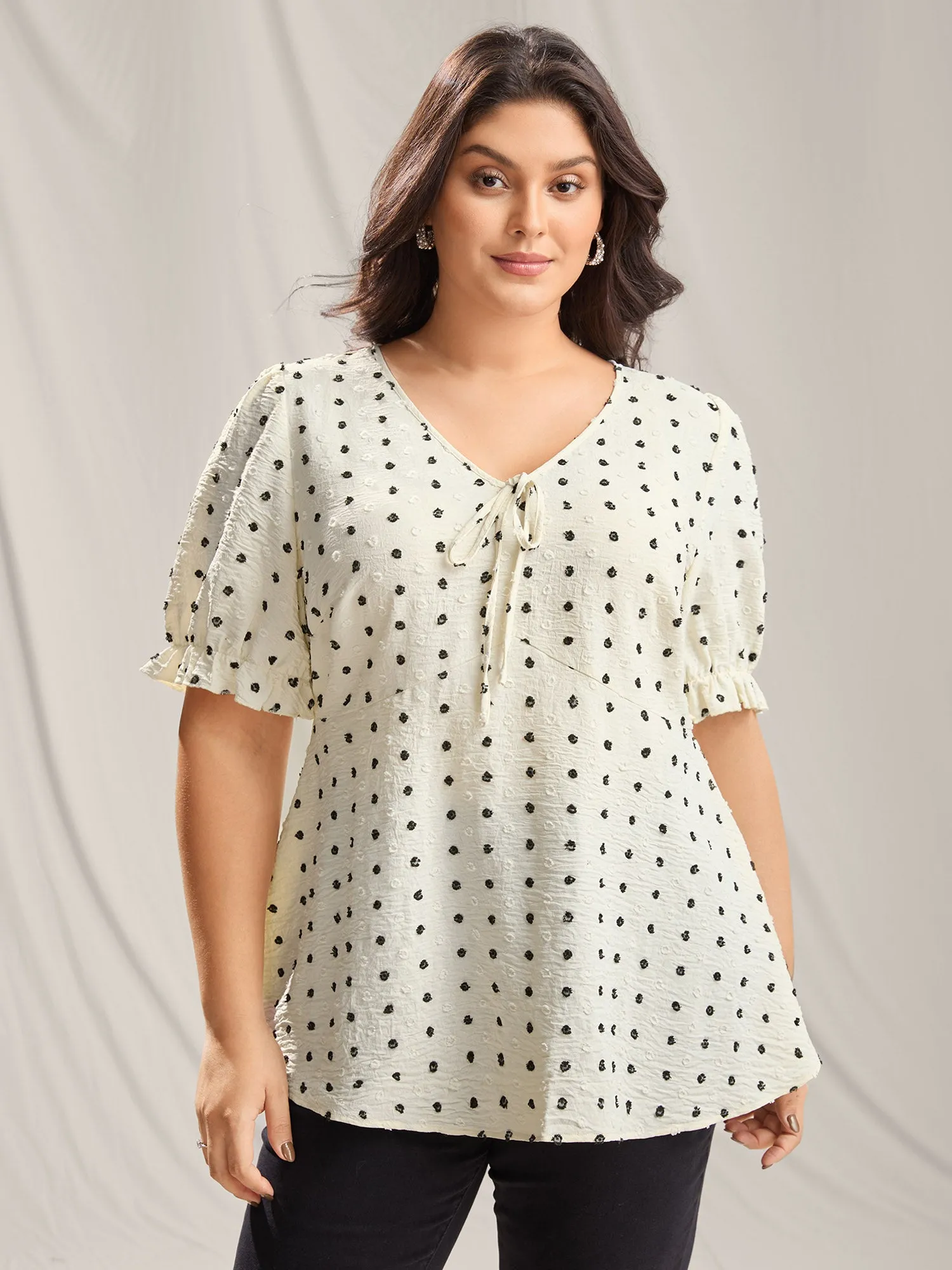 Polka Dots Print Neck Tie Blouse sold by Bloomchic