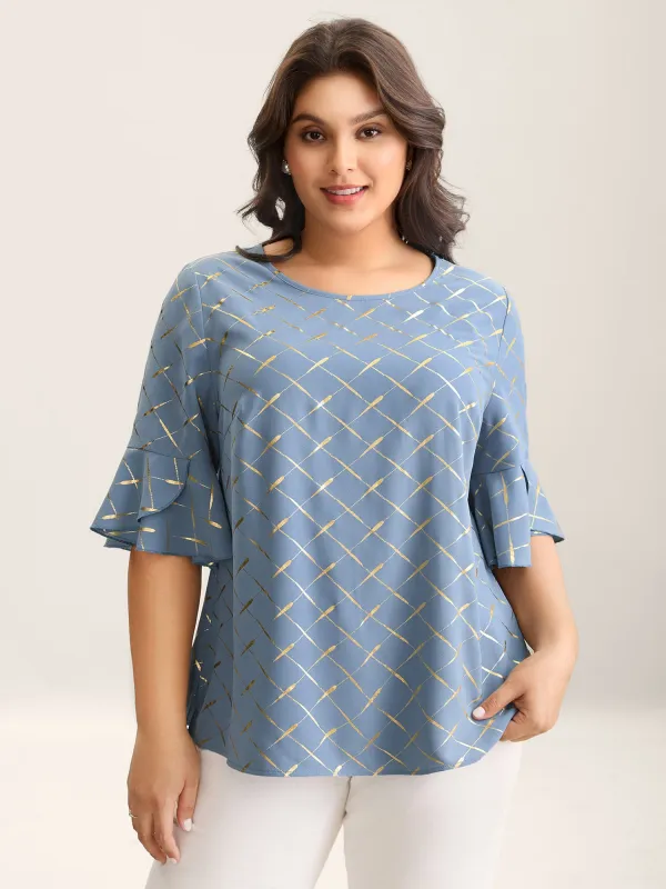 Glitter Plaid Ruffle Sleeve Blouse sold by Bloomchic