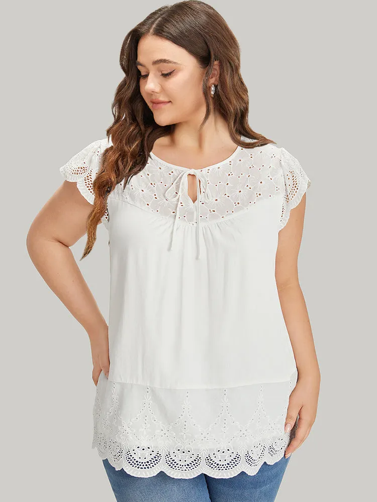 Broderie Anglaise Tie Neck Patchwork Flutter Sleeve Blouse sold by Bloomchic