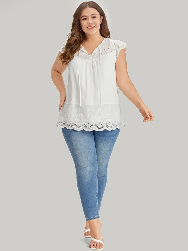 Broderie Anglaise Tie Neck Patchwork Flutter Sleeve Blouse sold by Bloomchic product image thumbnail 5