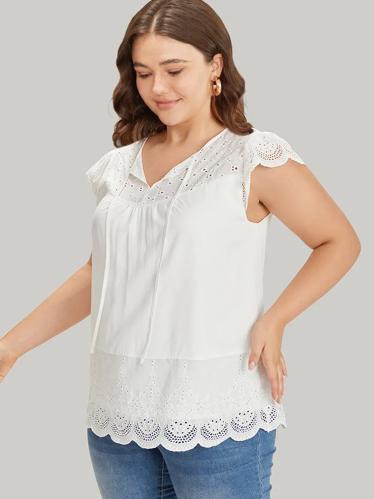 Broderie Anglaise Tie Neck Patchwork Flutter Sleeve Blouse sold by Bloomchic product image thumbnail 4