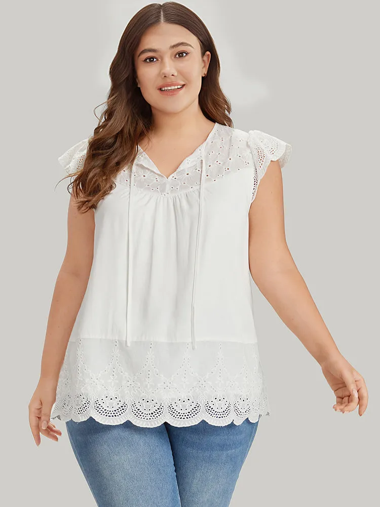 Broderie Anglaise Tie Neck Patchwork Flutter Sleeve Blouse sold by Bloomchic product image thumbnail 2