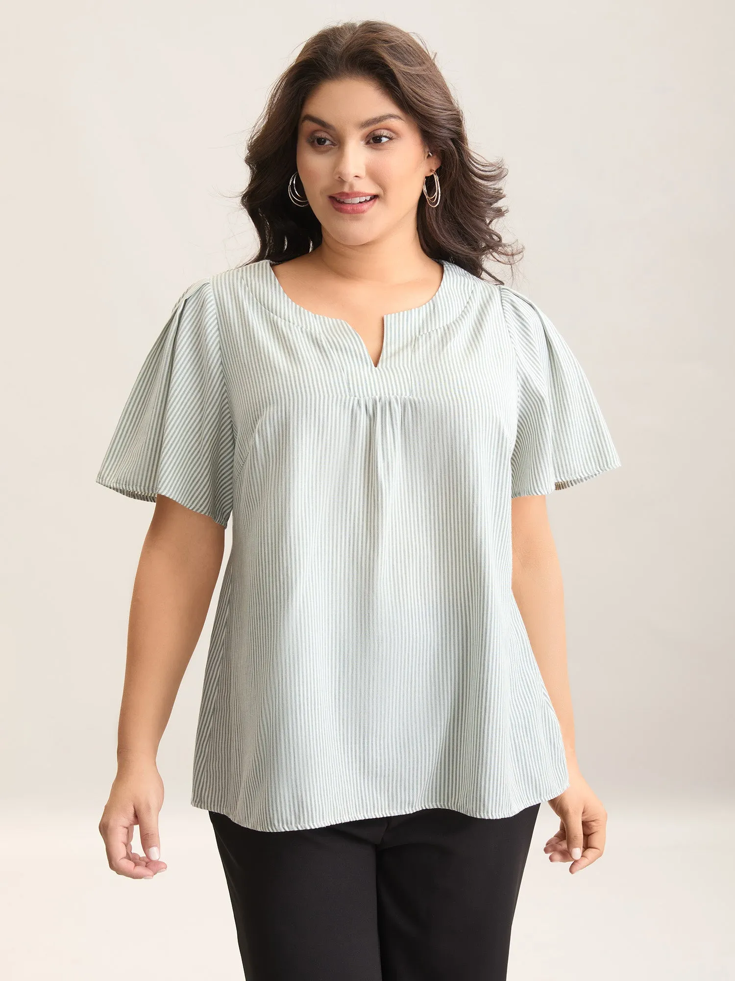 Striped Print Notched Collar Blouse sold by Bloomchic