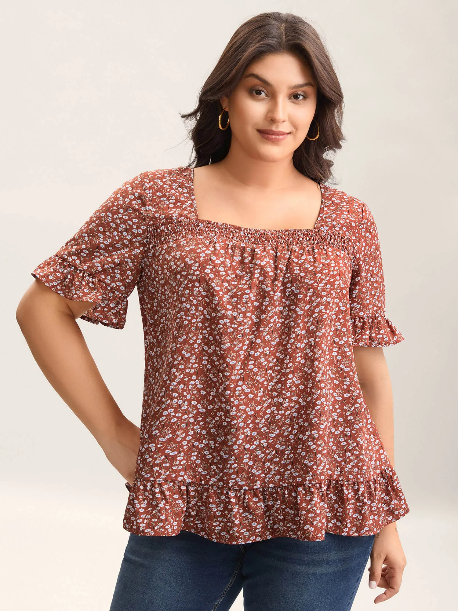 Ditsy Floral Print Ruffled Hem Blouse sold by Bloomchic