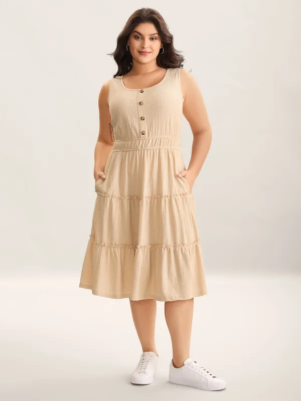 Textured Stretchy Waist Button Midi Dress sold by Bloomchic
