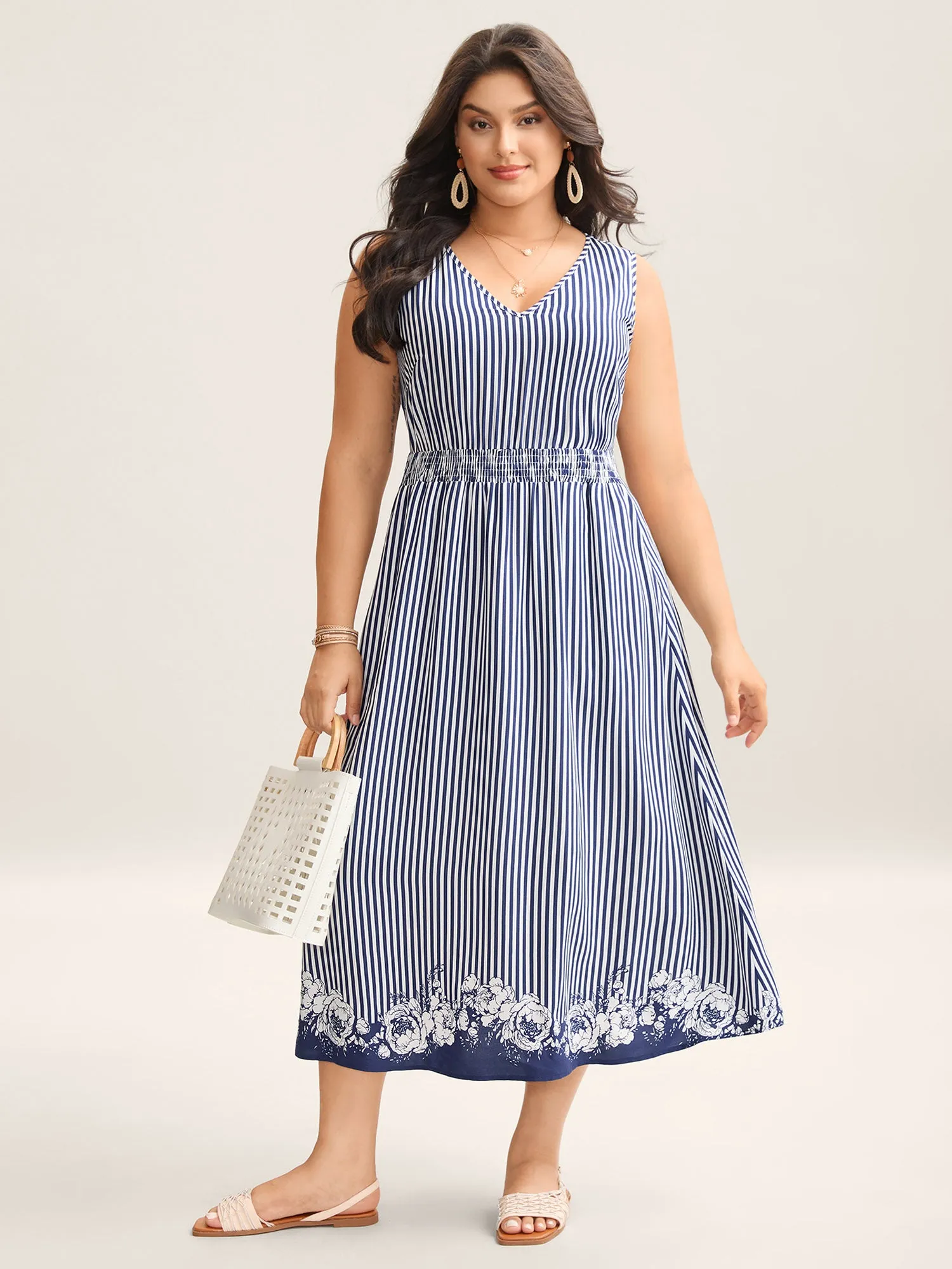 Stripes Cinched-Waist Floral Hem Maxi Dress sold by Bloomchic