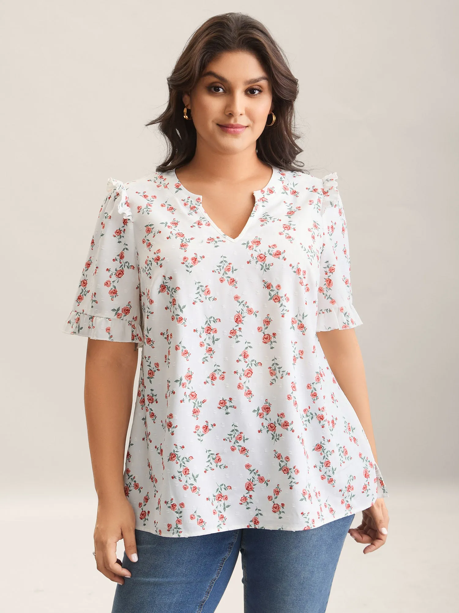 Rosy Print Notched Collar Flowy Blouse sold by Bloomchic