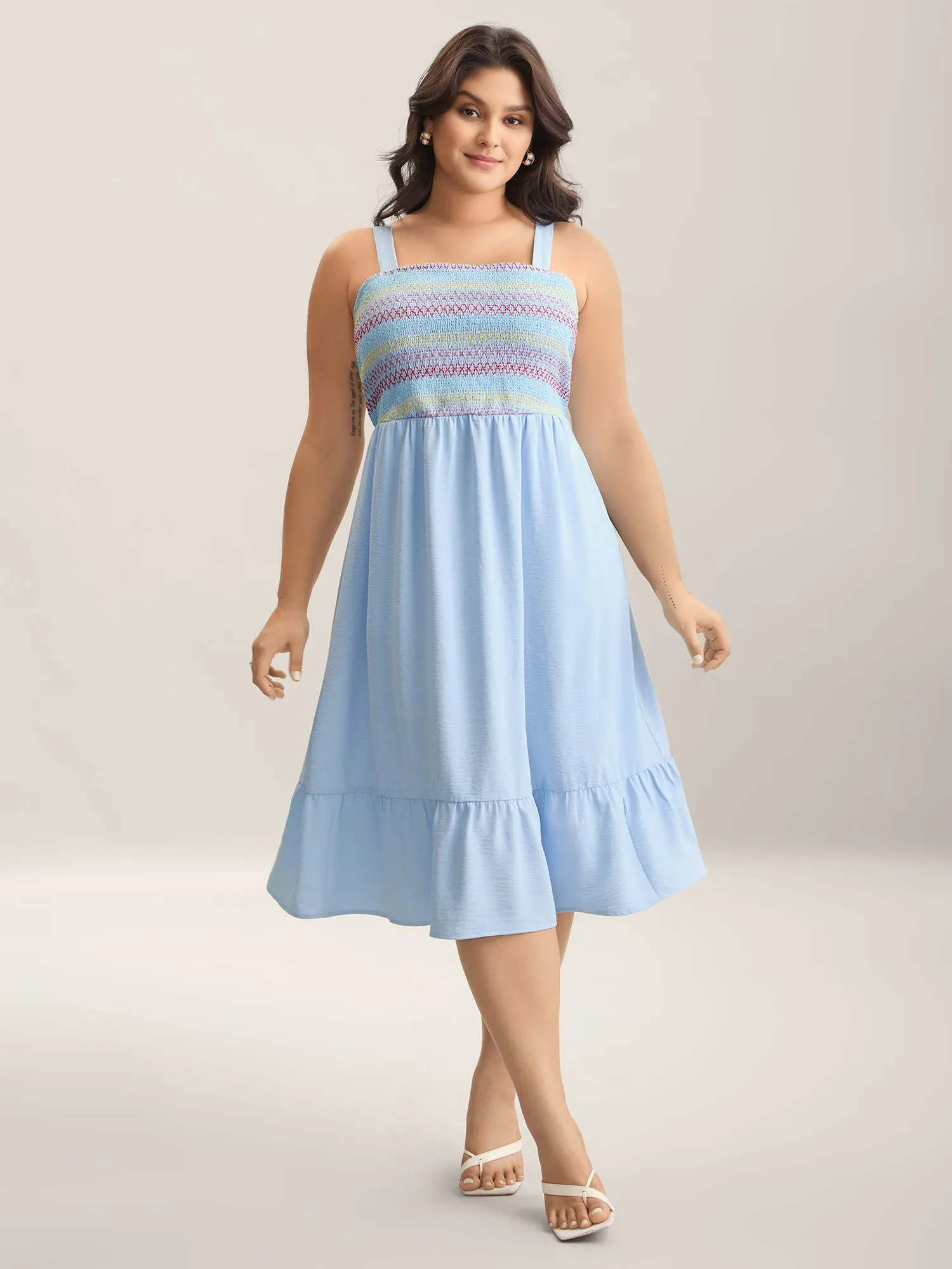 Shirred Adjustable Straps Tiered Midi Dress sold by Bloomchic