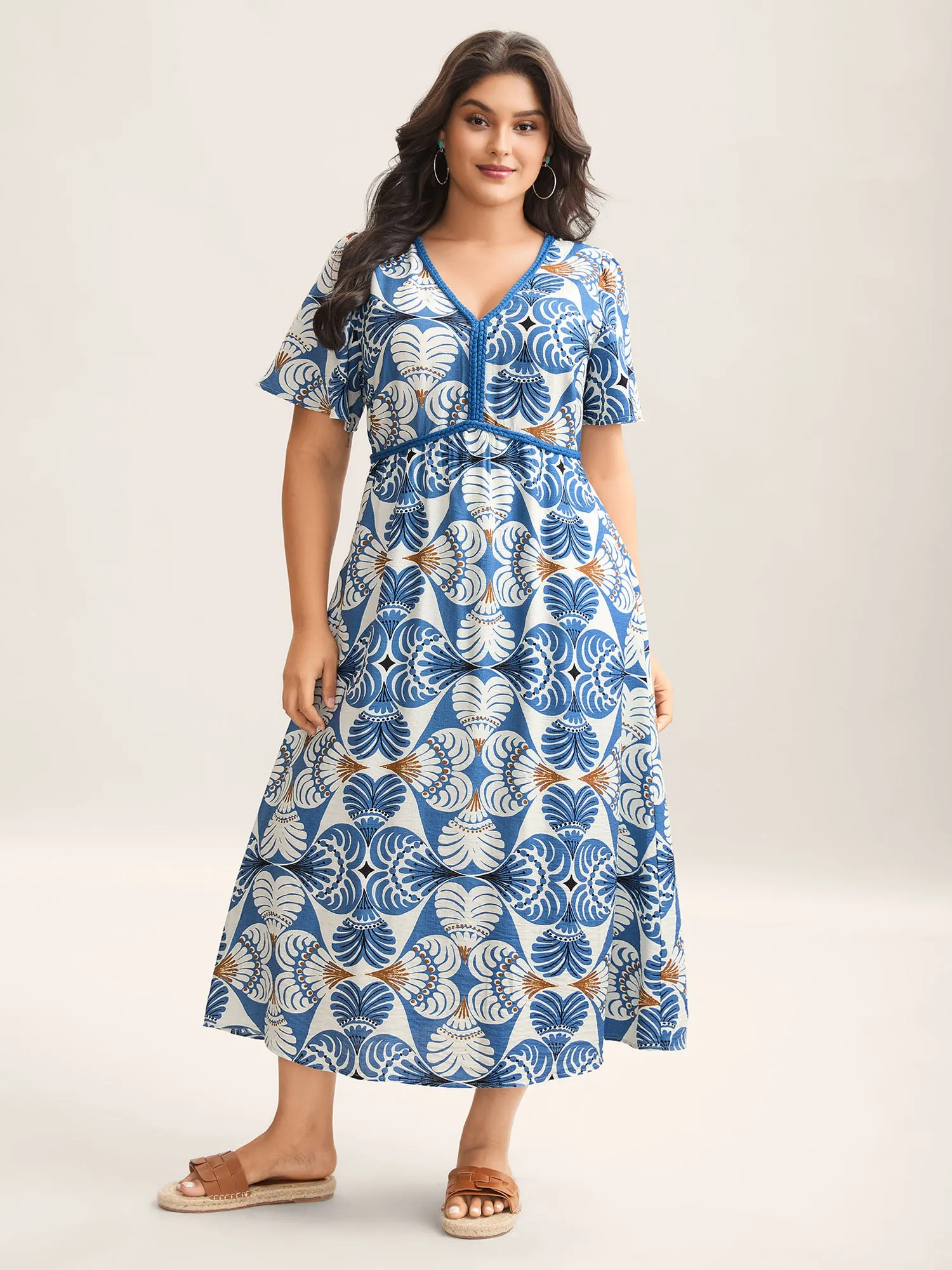 Shell Print Lace Detail Flowy Maxi Dress sold by Bloomchic