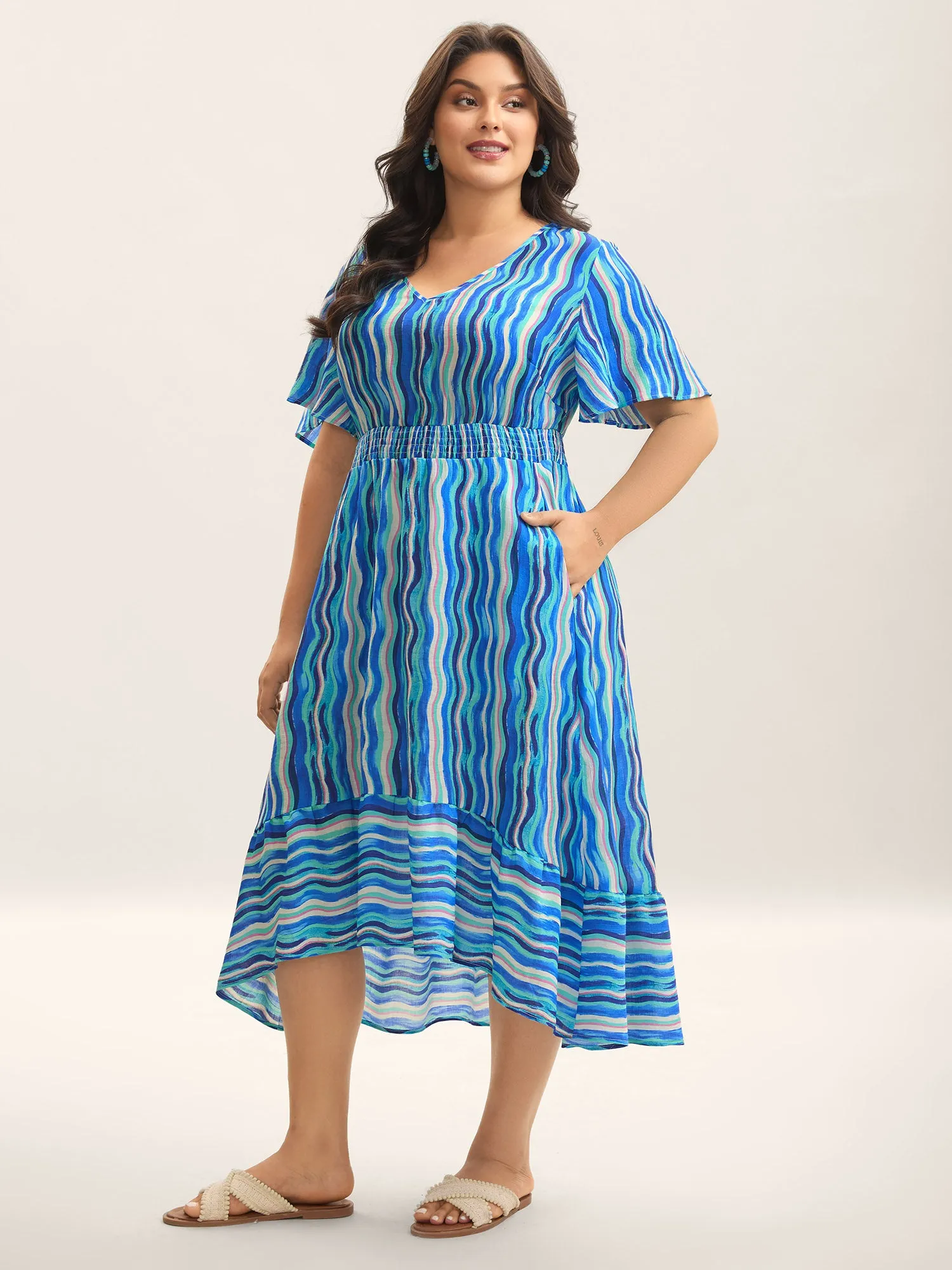 Nautical Waves Shirred Waist Midi Dress sold by Bloomchic