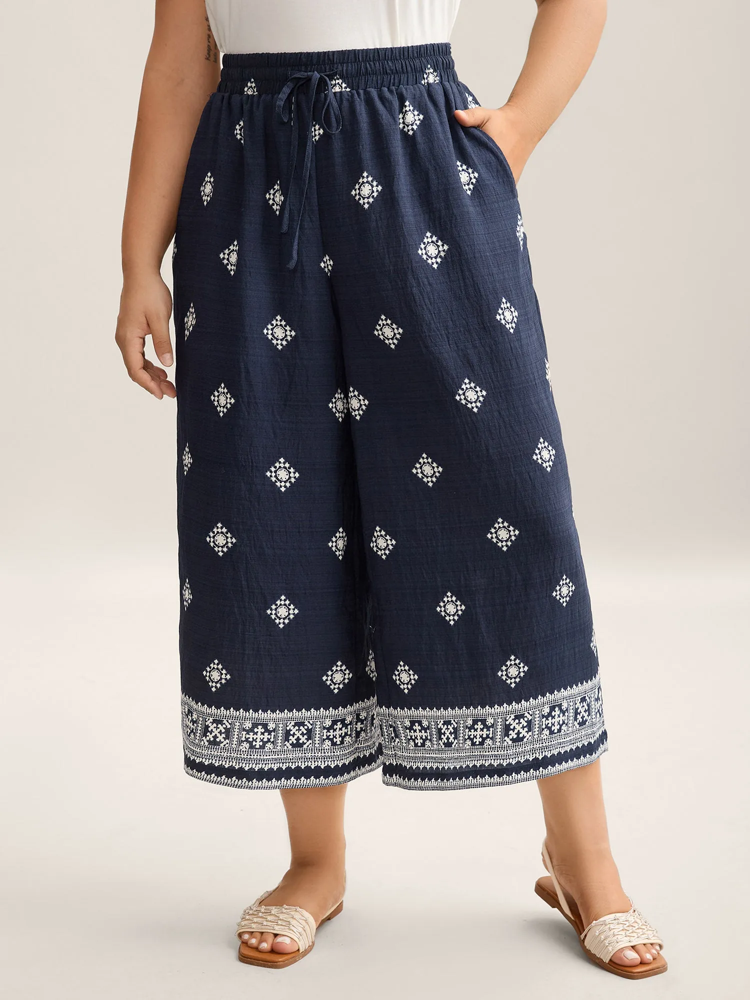 Geometric Print Tied Wide-Leg Pants sold by Bloomchic