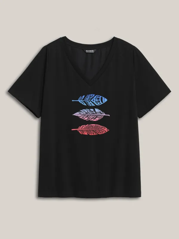 Multi-Color Leaf Pattern V-Neck T-Shirt sold by Bloomchic