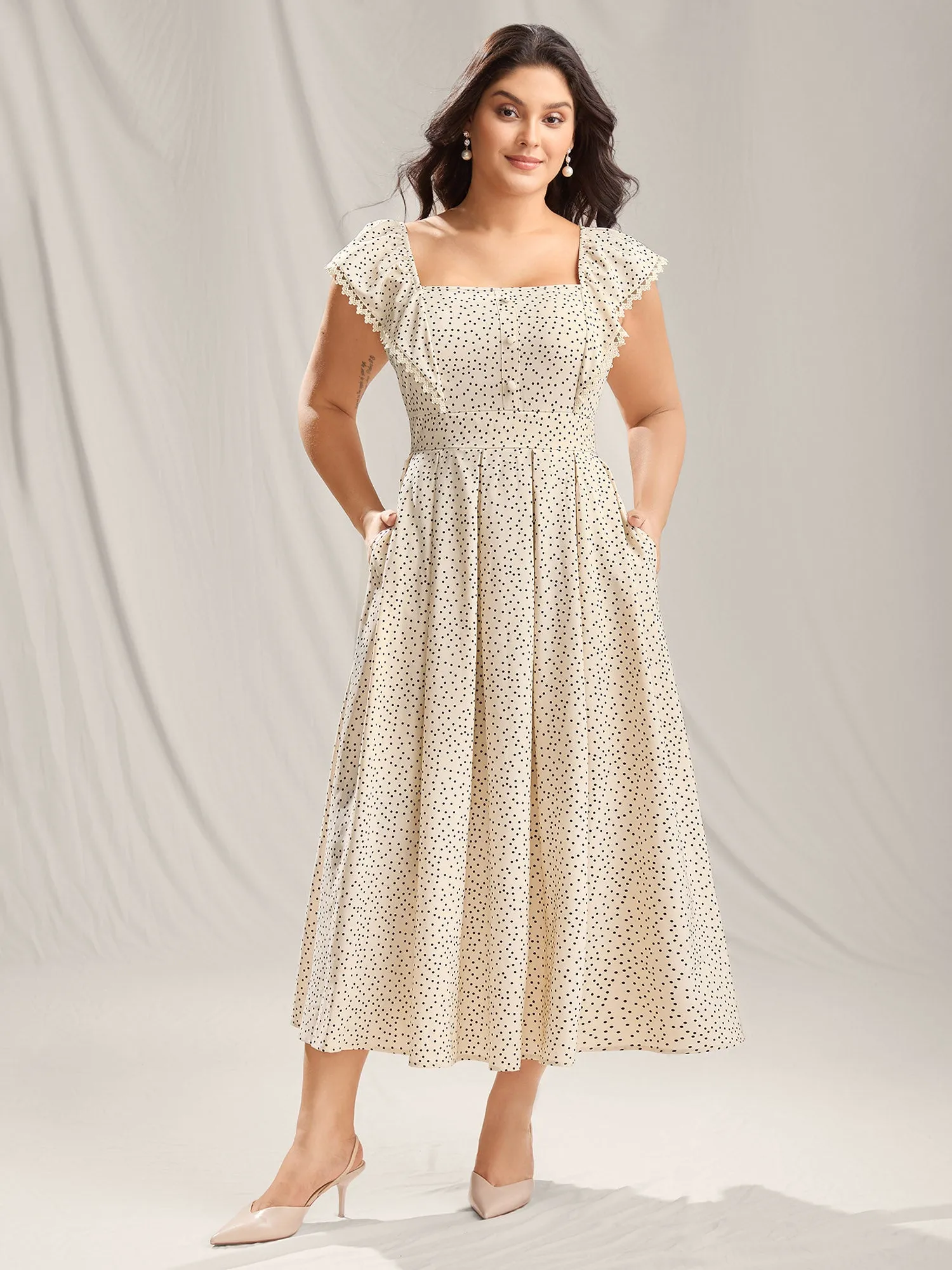 Polka Dot Cinched-Waist Pockets Midi Dress sold by Bloomchic product image thumbnail 3