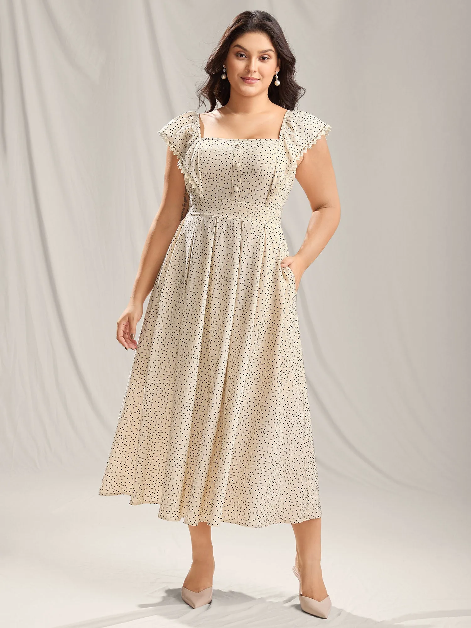 Polka Dot Cinched-Waist Pockets Midi Dress sold by Bloomchic
