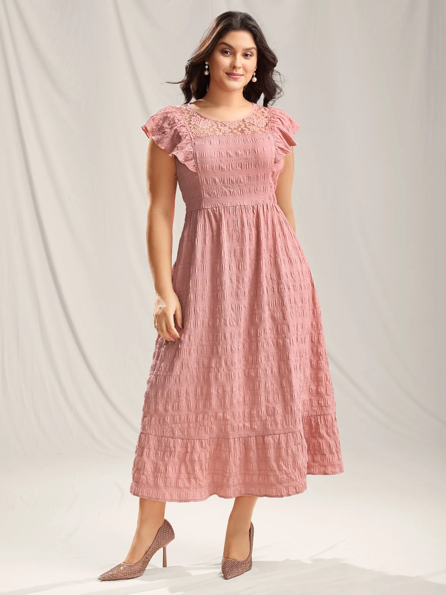 Mesh Lace Neck Tiered Maxi Dress sold by Bloomchic