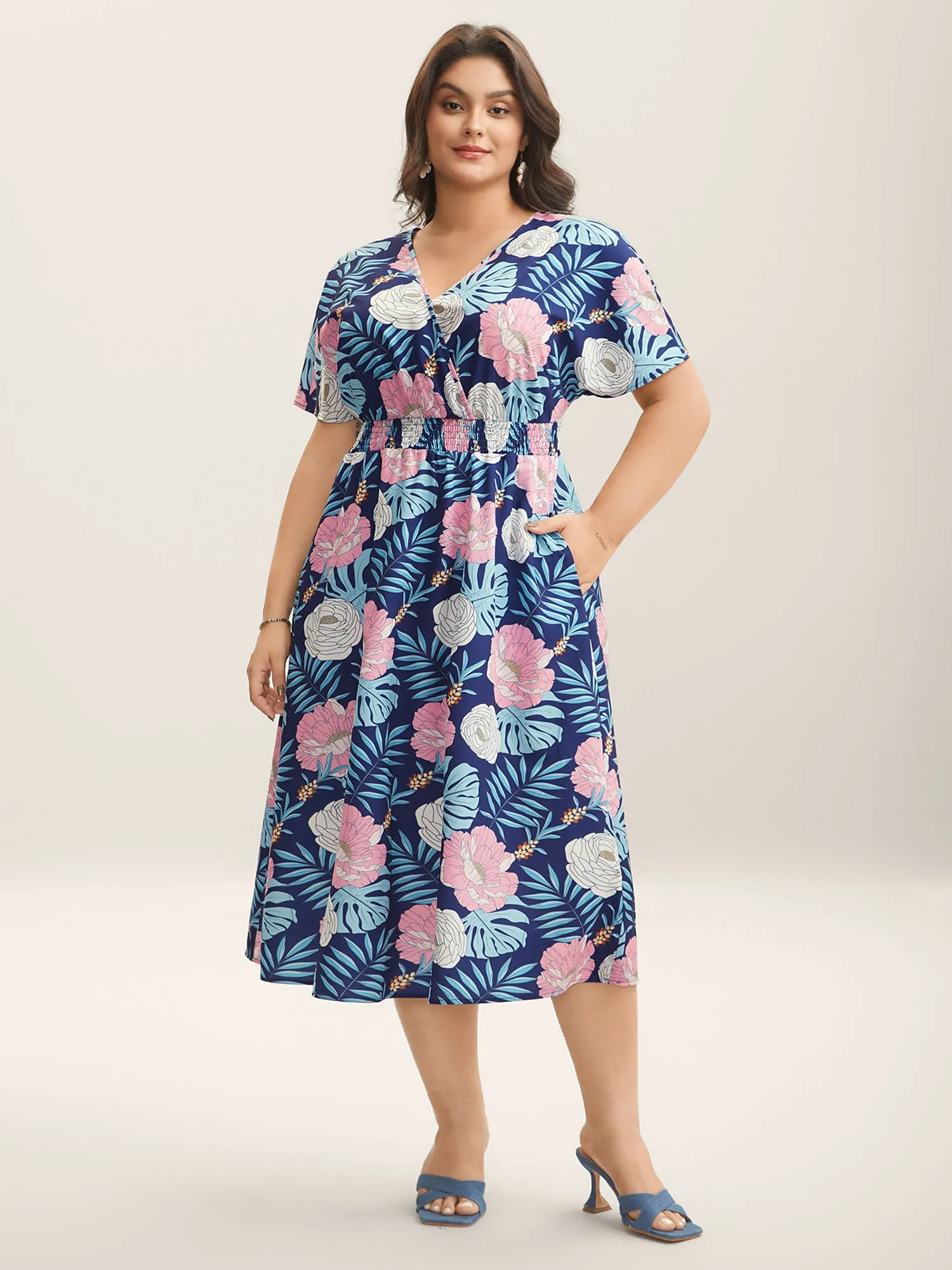 Tropical Print Back-Tie Shirred Midi Dress sold by Bloomchic product image thumbnail 3