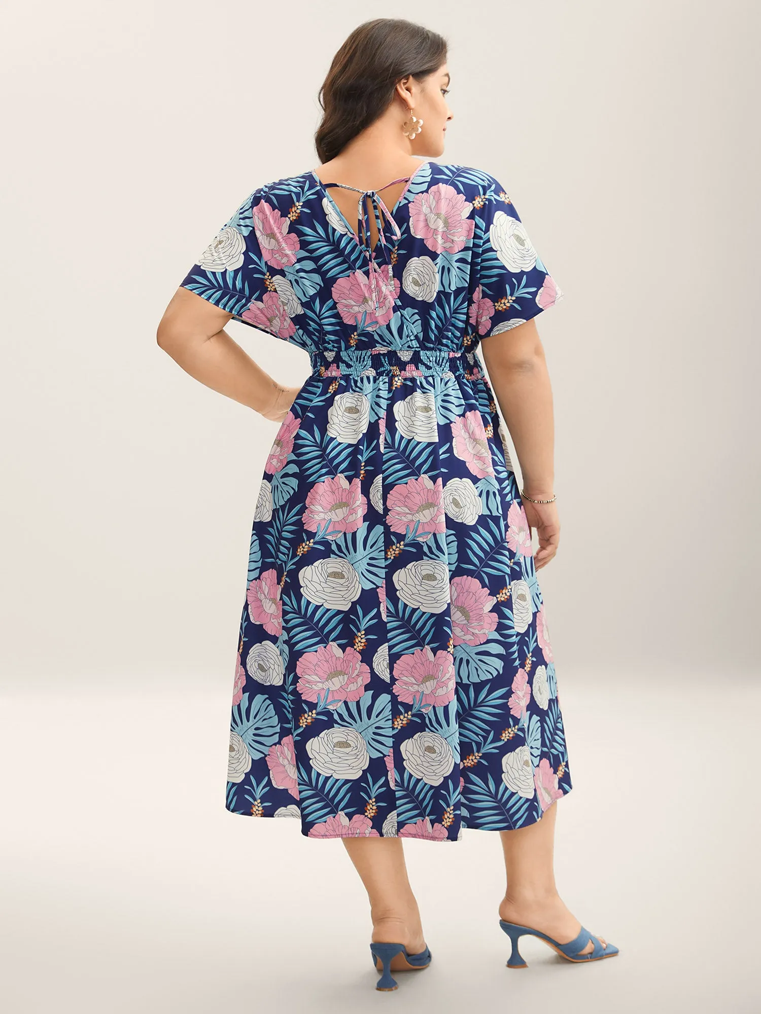 Tropical Print Back-Tie Shirred Midi Dress sold by Bloomchic product image thumbnail 4