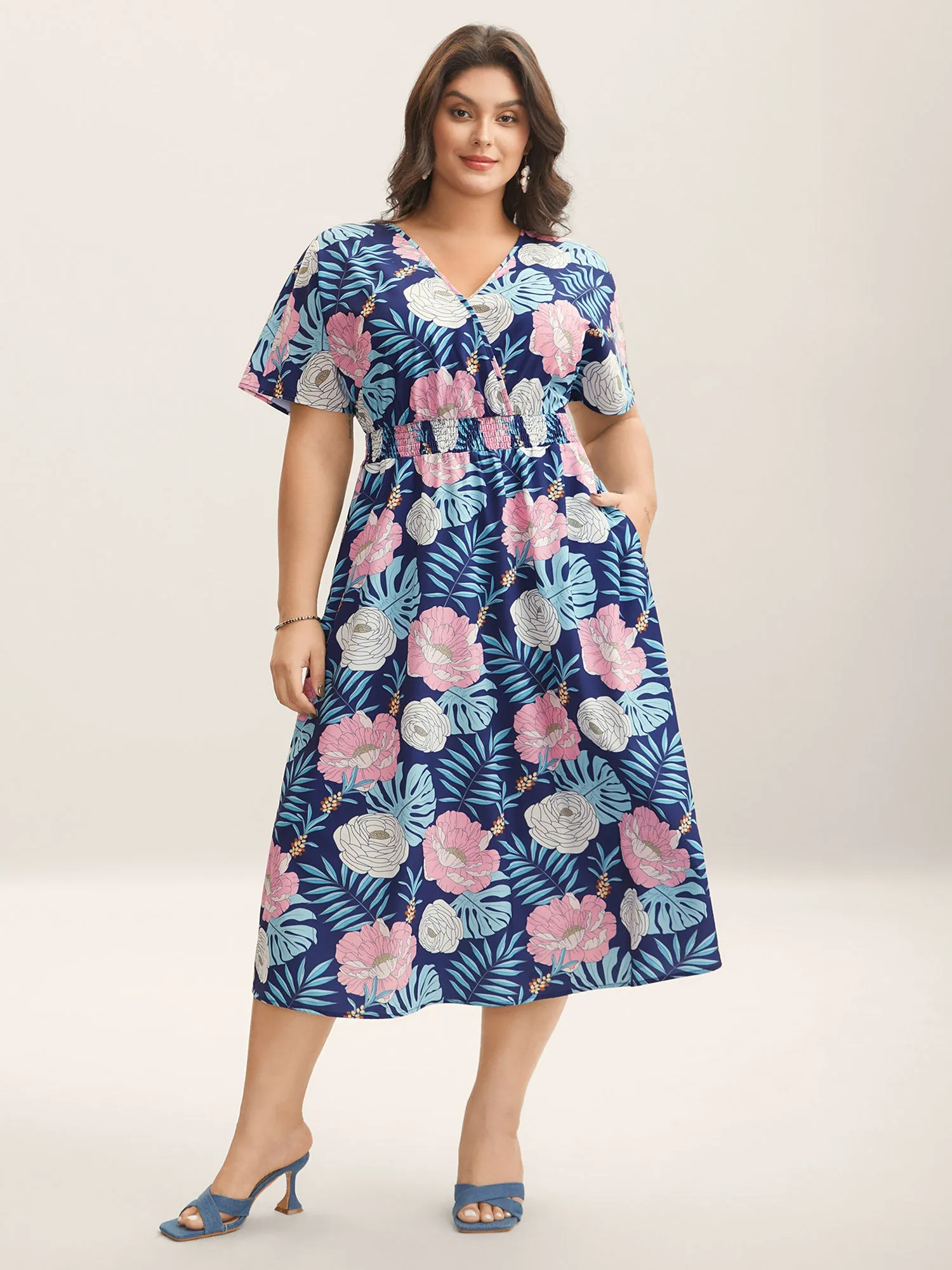 Tropical Print Back-Tie Shirred Midi Dress sold by Bloomchic
