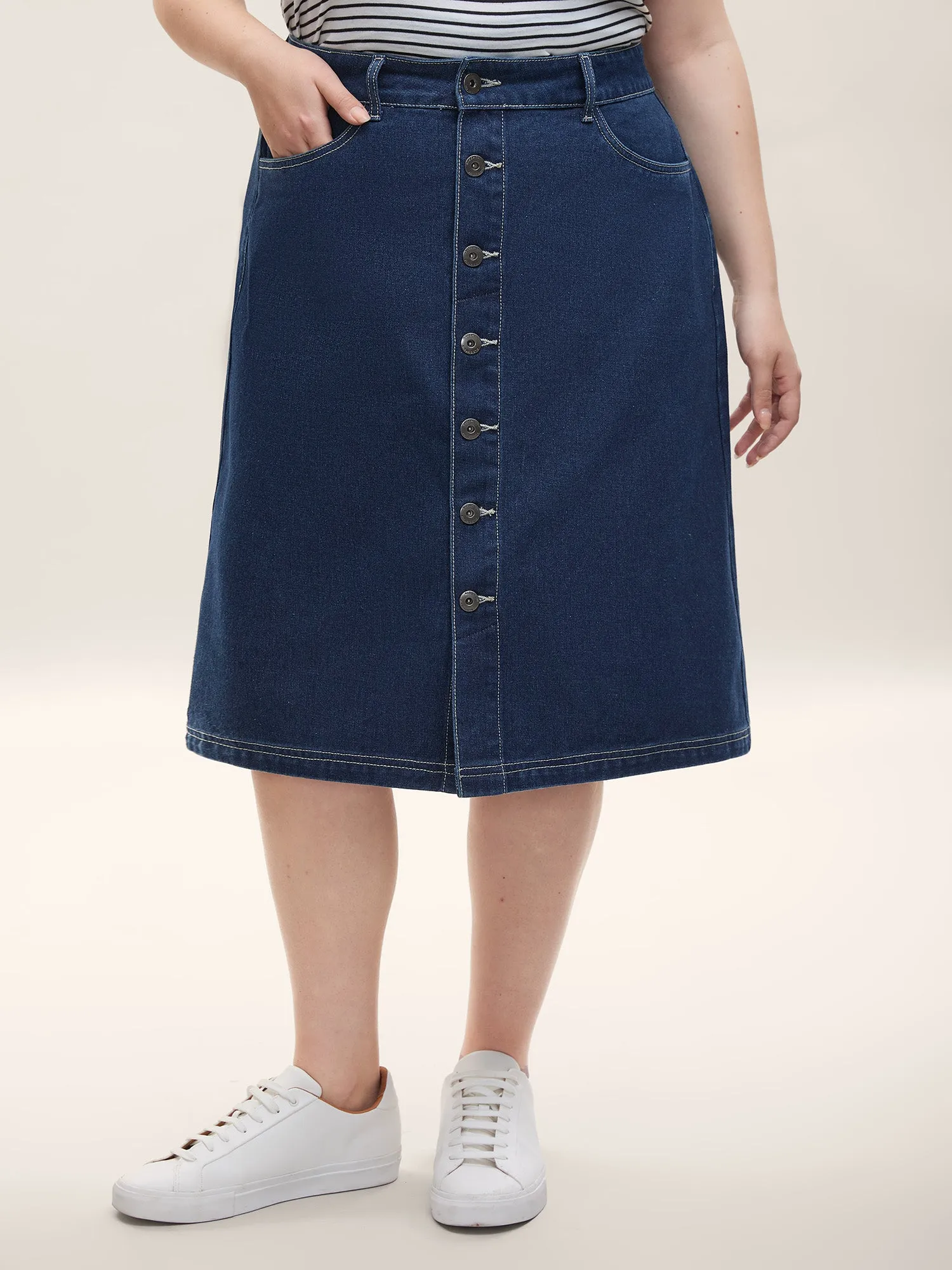 Button Front Straight-Fit Denim Skirt sold by Bloomchic