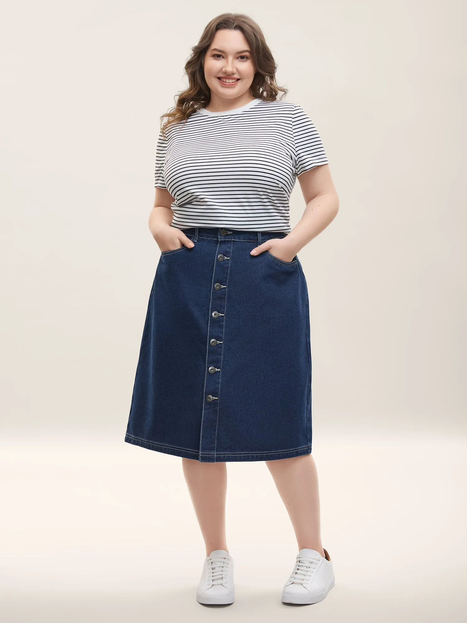 Button Front Straight-Fit Denim Skirt sold by Bloomchic product image thumbnail 4