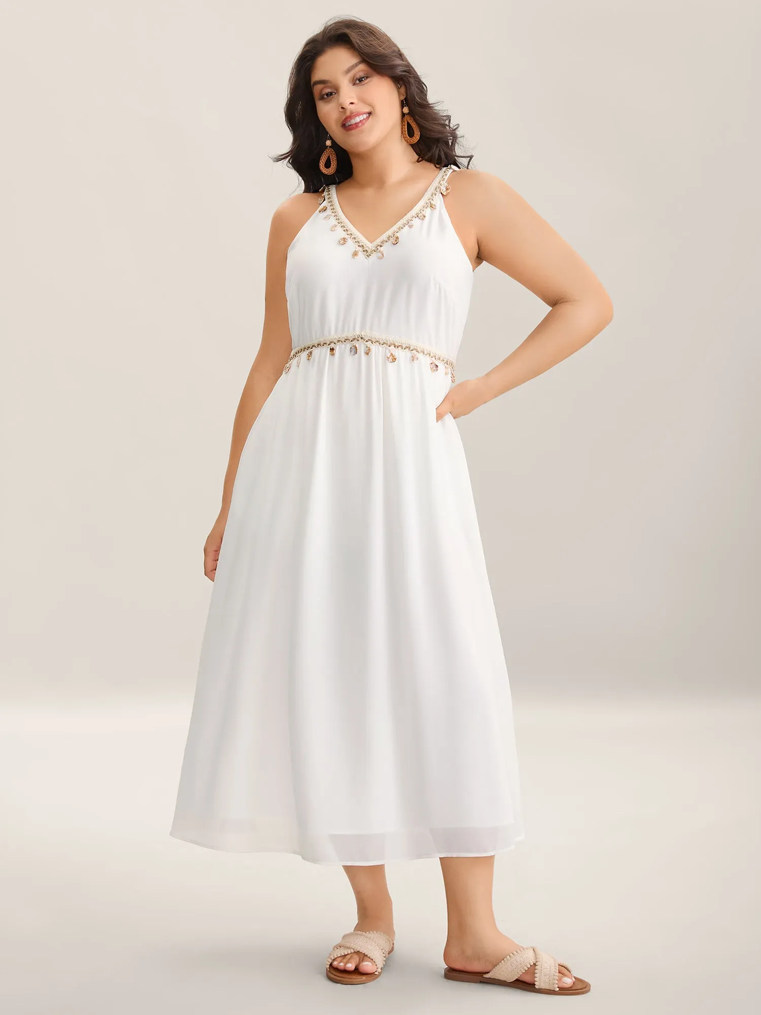 Lace Spliced V-Neck Waist-Cinched Midi Dress sold by Bloomchic product image thumbnail 3
