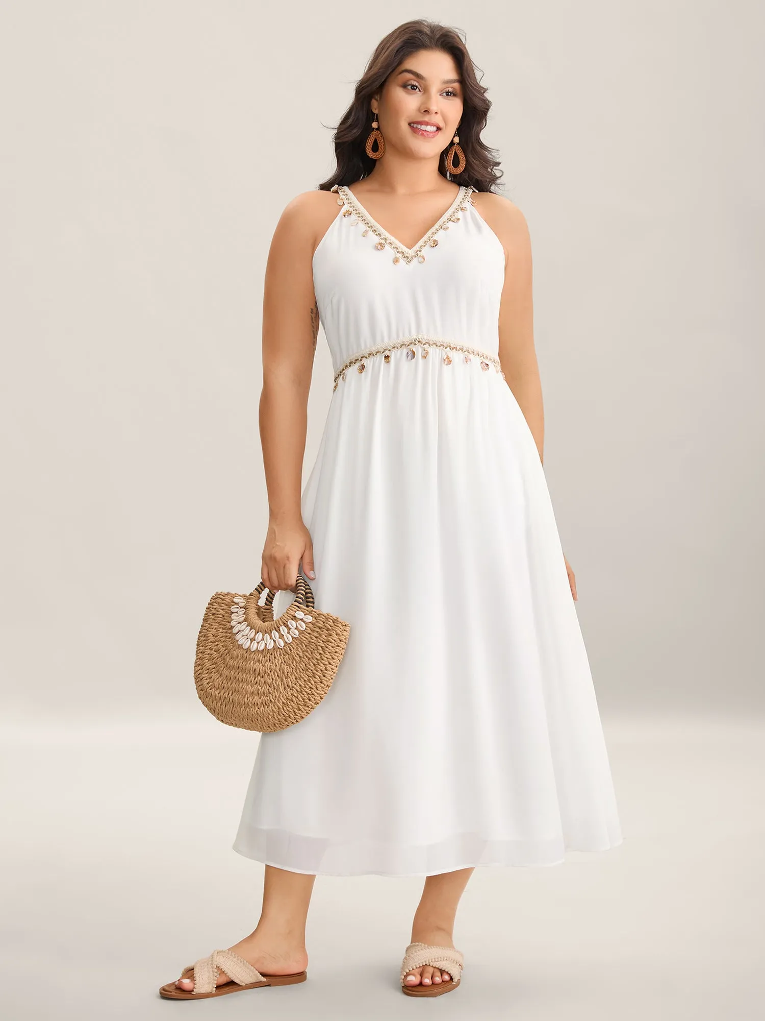 Lace Spliced V-Neck Waist-Cinched Midi Dress sold by Bloomchic