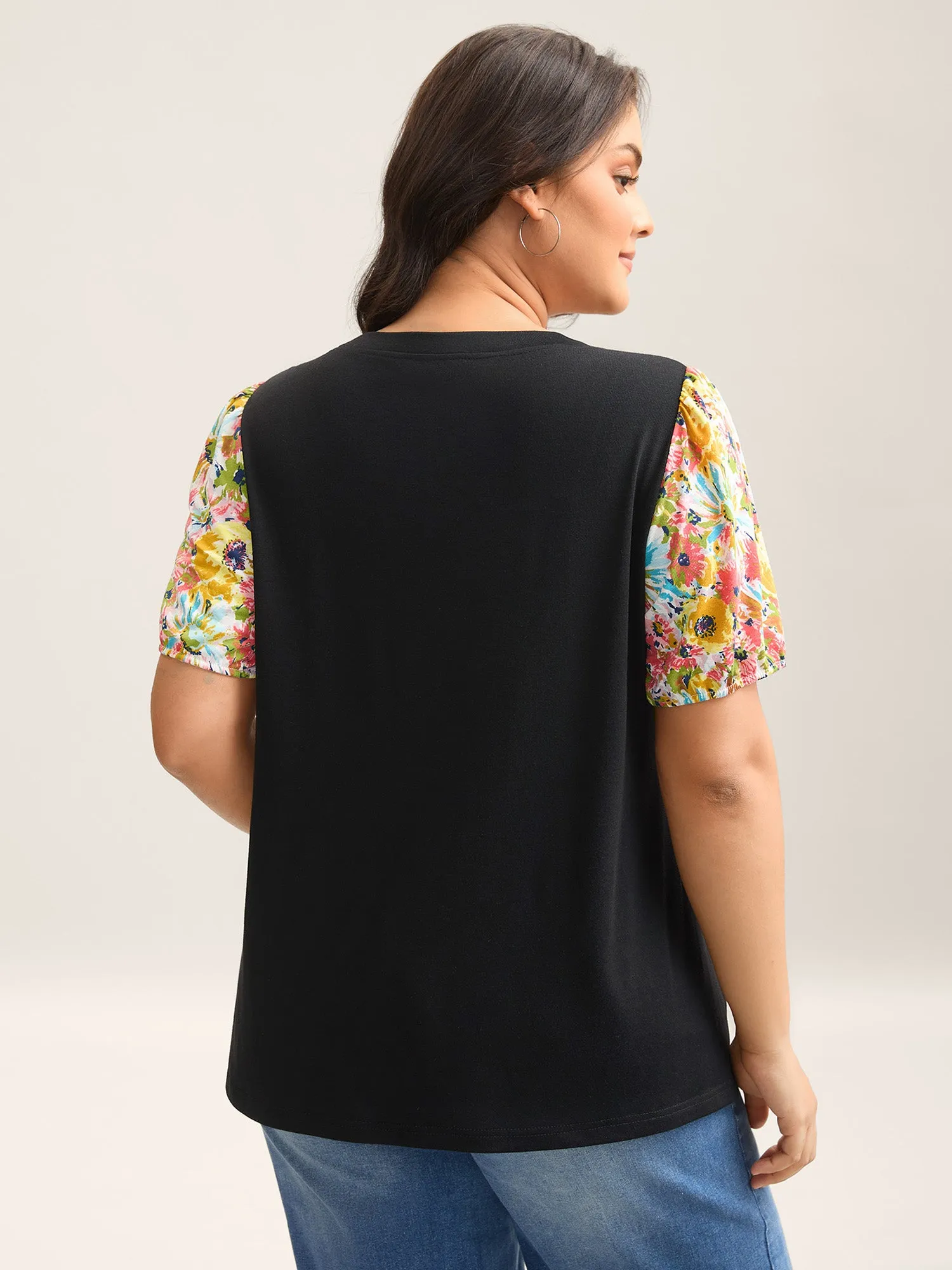 Floral Sleeve Spliced Curvy Hem T-Shirt sold by Bloomchic product image thumbnail 4