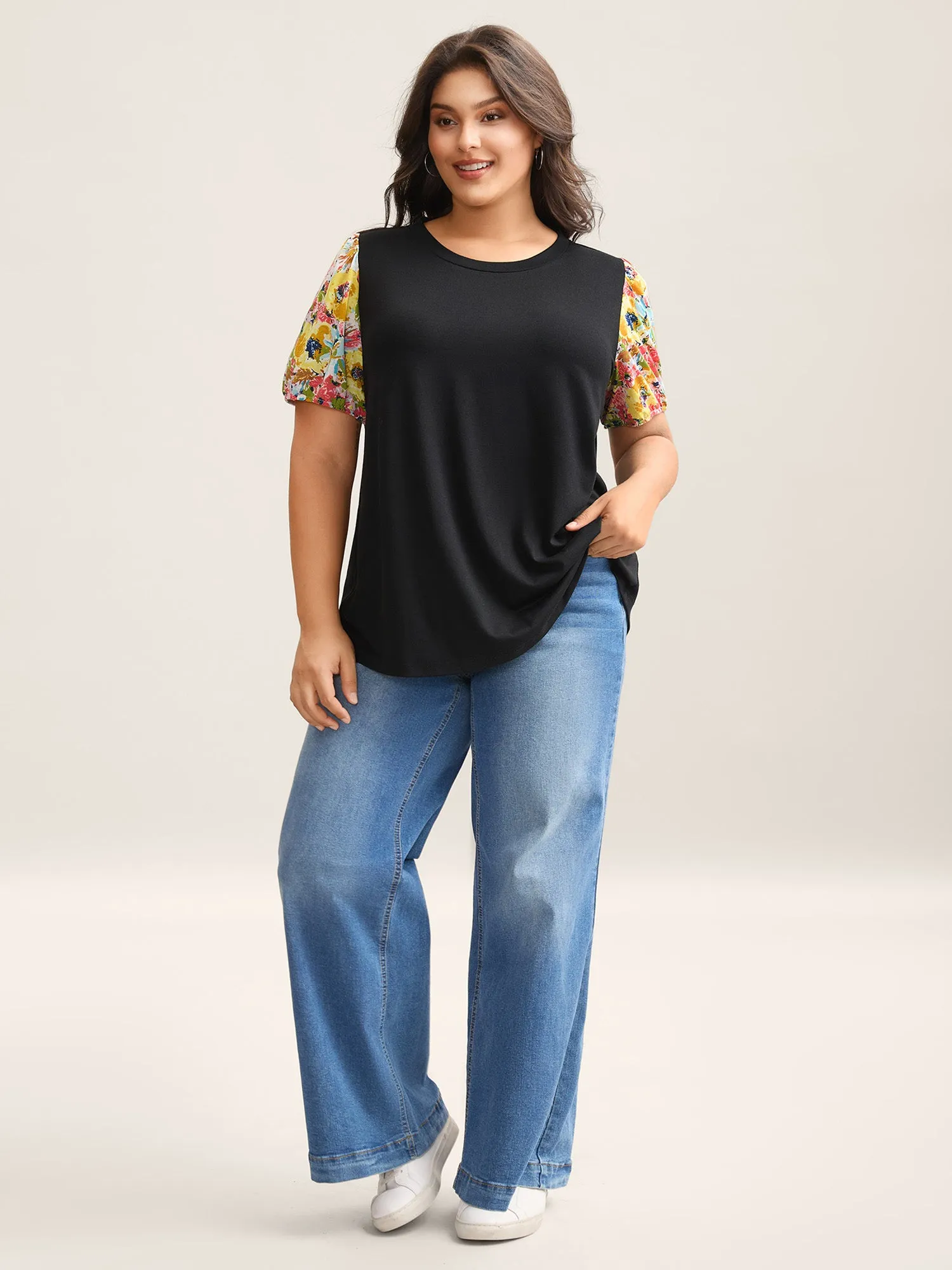 Floral Sleeve Spliced Curvy Hem T-Shirt sold by Bloomchic product image thumbnail 3