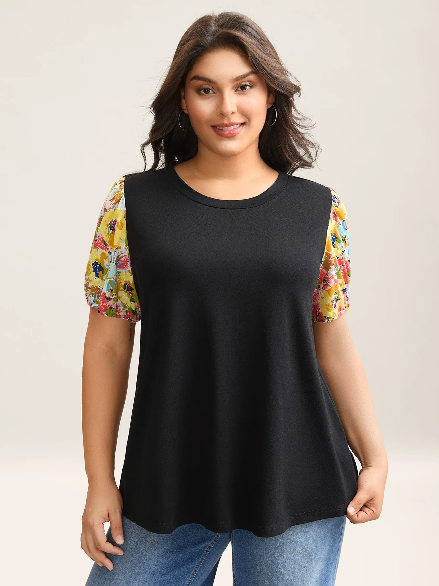 Floral Sleeve Spliced Curvy Hem T-Shirt sold by Bloomchic