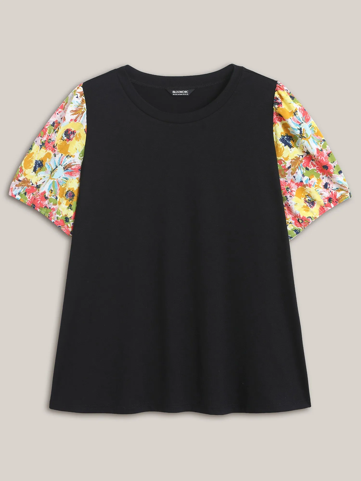 Floral Sleeve Spliced Curvy Hem T-Shirt sold by Bloomchic product image thumbnail 5