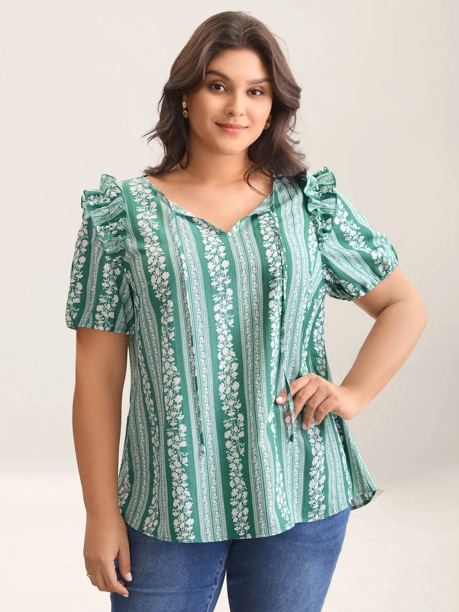 Floral Print Ruffled Detail Sleeve Blouse sold by Bloomchic