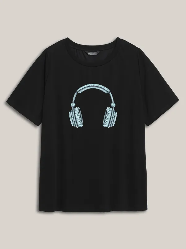 Headphone Mode Round Neck T-Shirt sold by Bloomchic