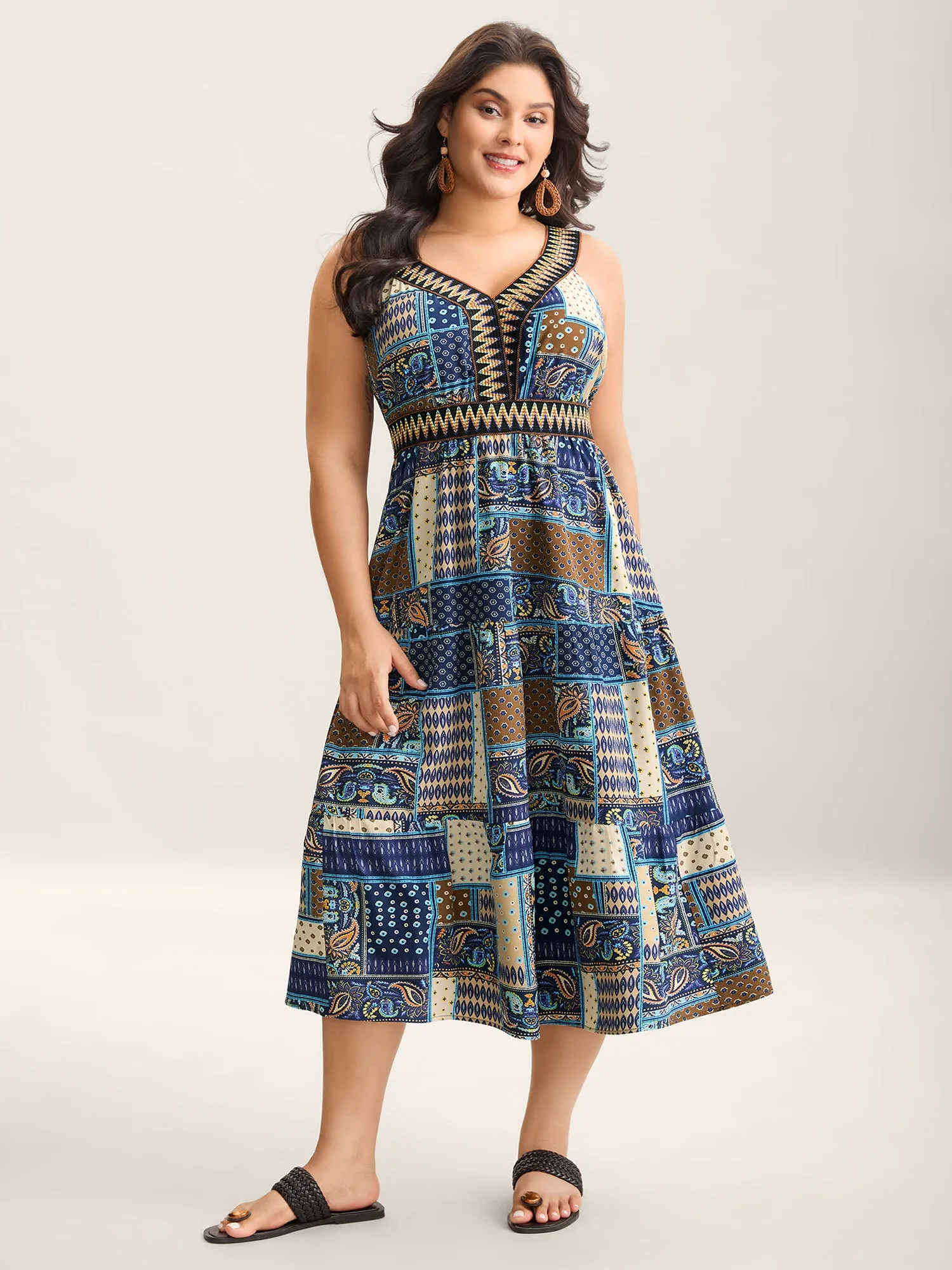 Boho Print Webbed Neck Midi Dress sold by Bloomchic