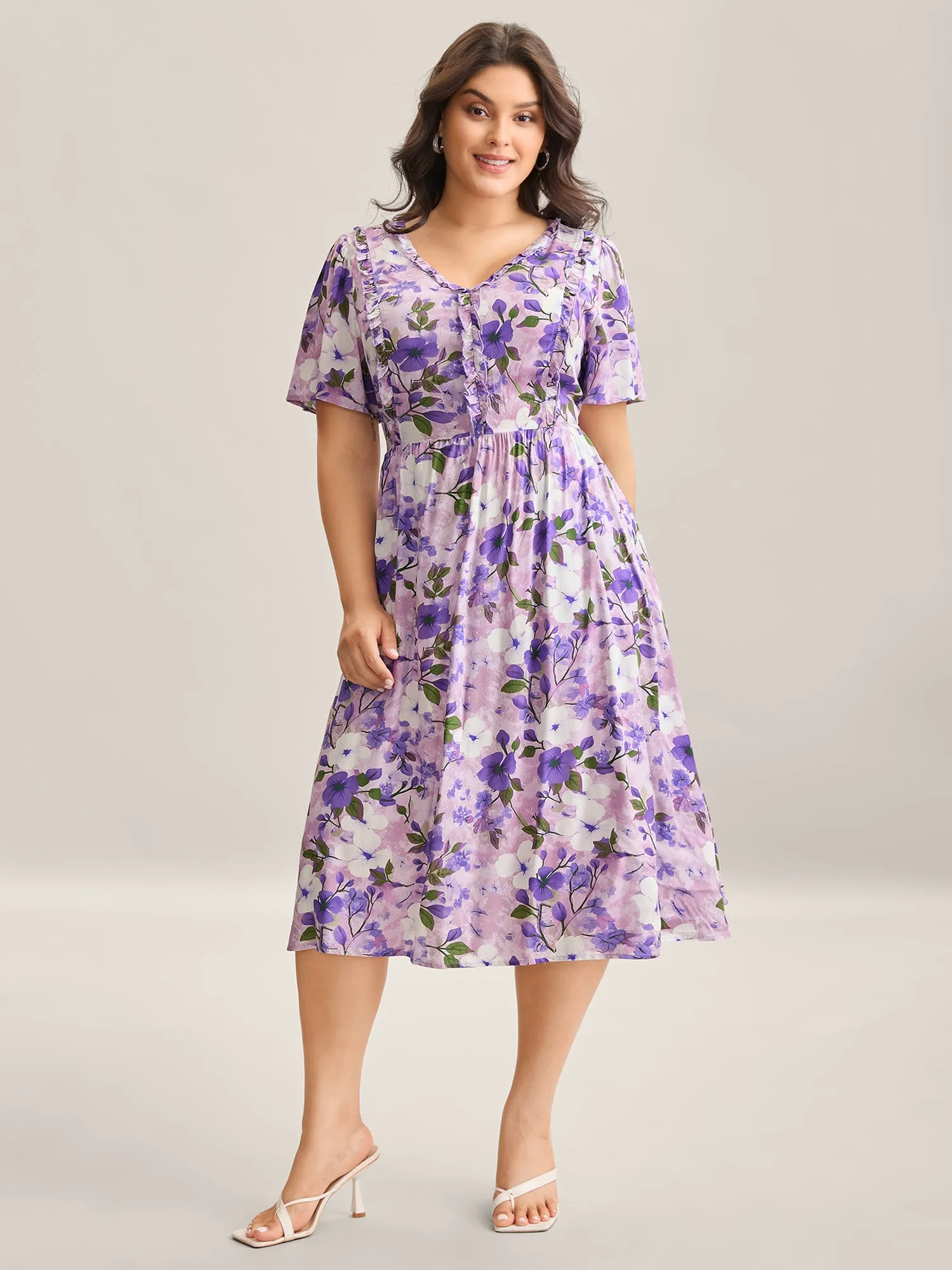 Floral Print Ruffled Neck Pockets Midi Dress sold by Bloomchic