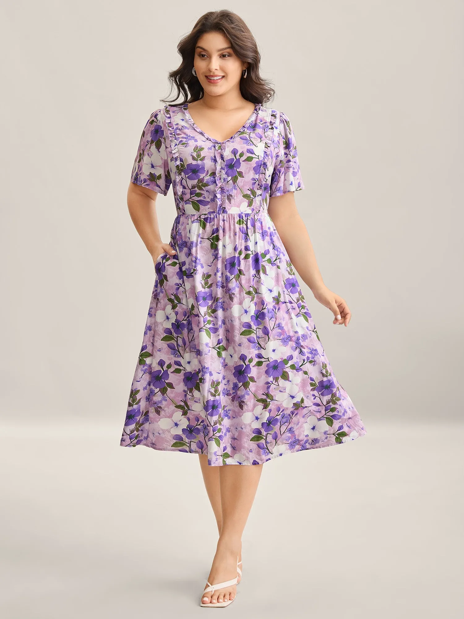 Floral Print Ruffled Neck Pockets Midi Dress sold by Bloomchic product image thumbnail 3