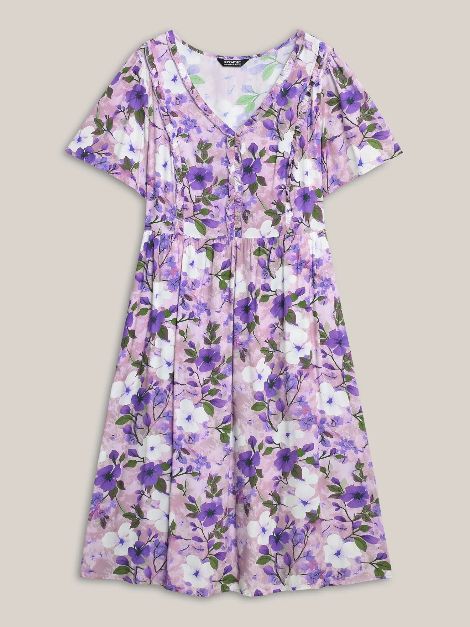 Floral Print Ruffled Neck Pockets Midi Dress sold by Bloomchic product image thumbnail 5