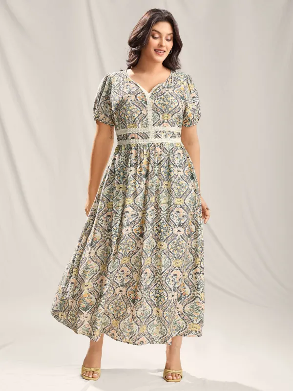 Ornate Print Lace Neck Midi Dress sold by Bloomchic
