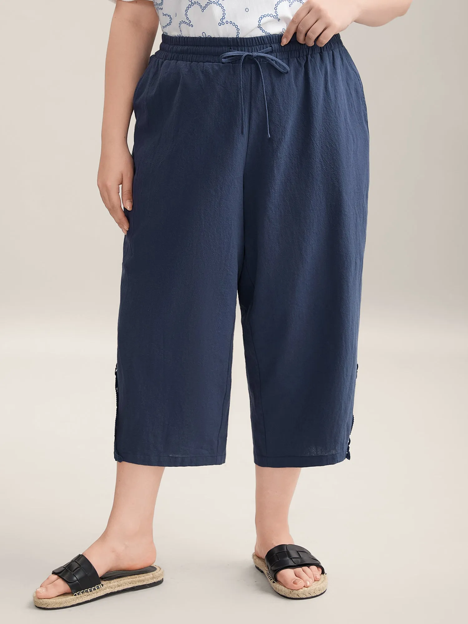 Lace Cut-Out Straight-Leg Plain Pants sold by Bloomchic