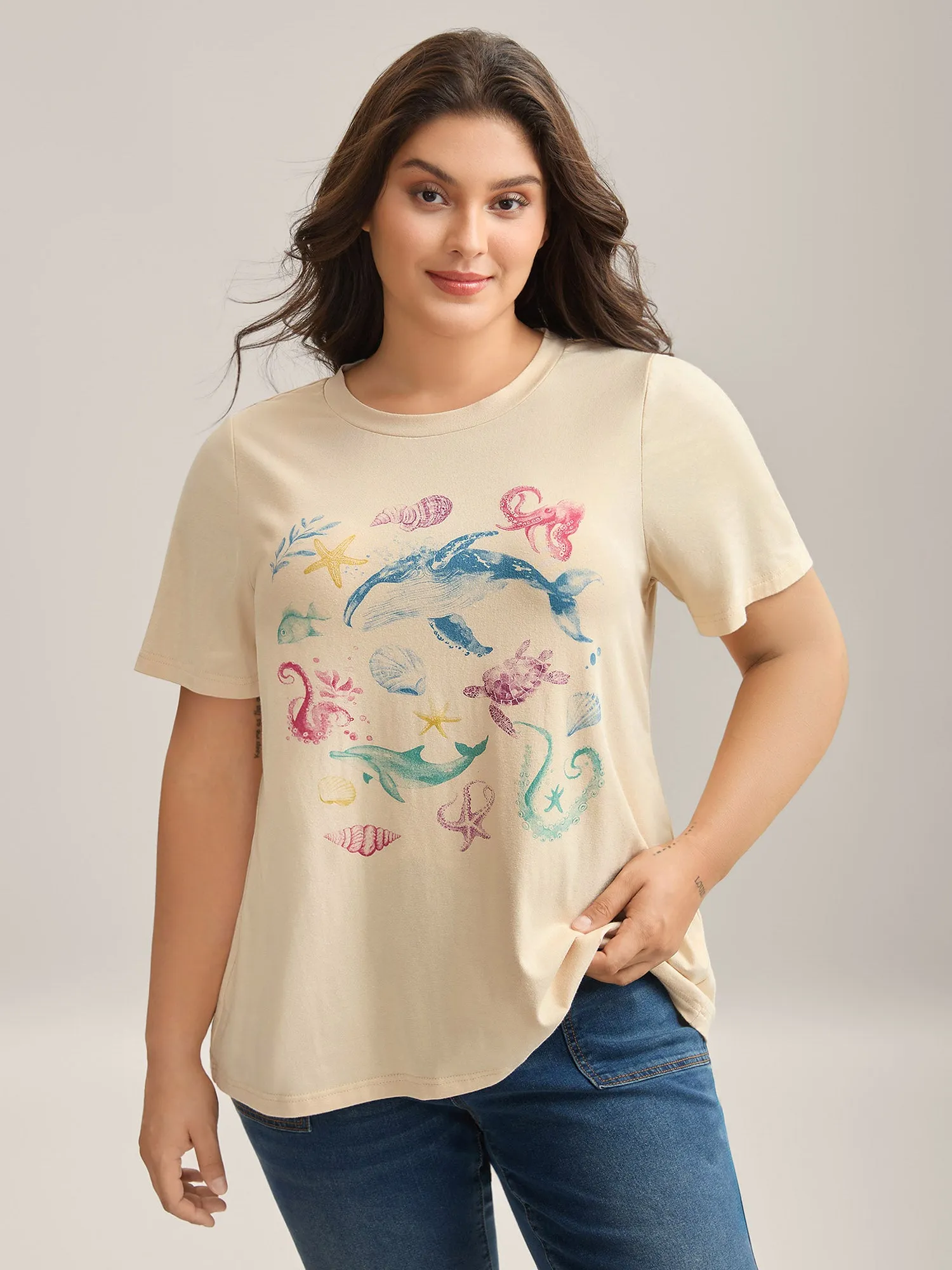 Ocean Print Round Neck Fitted T-Shirt sold by Bloomchic