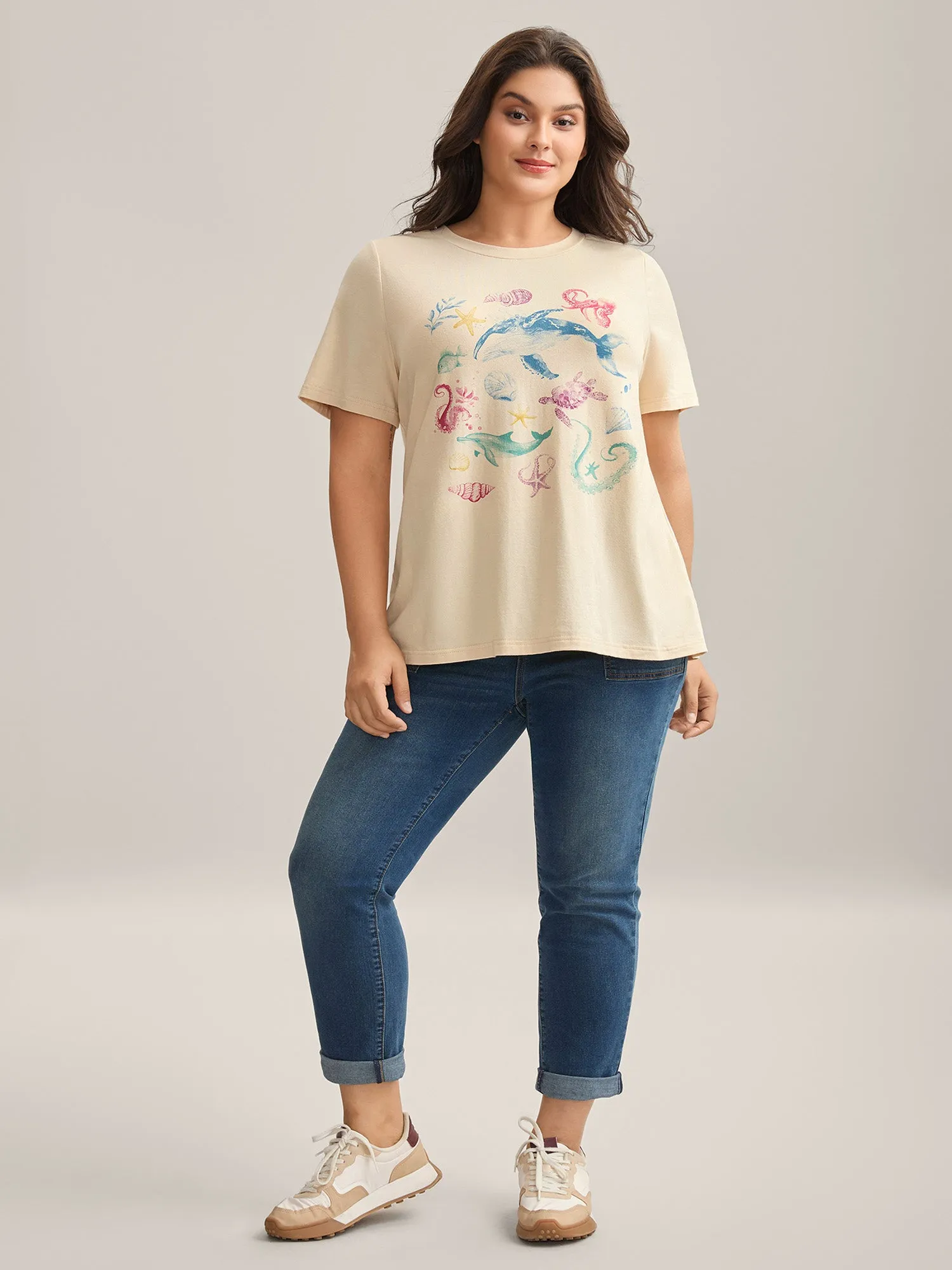 Ocean Print Round Neck Fitted T-Shirt sold by Bloomchic product image thumbnail 3