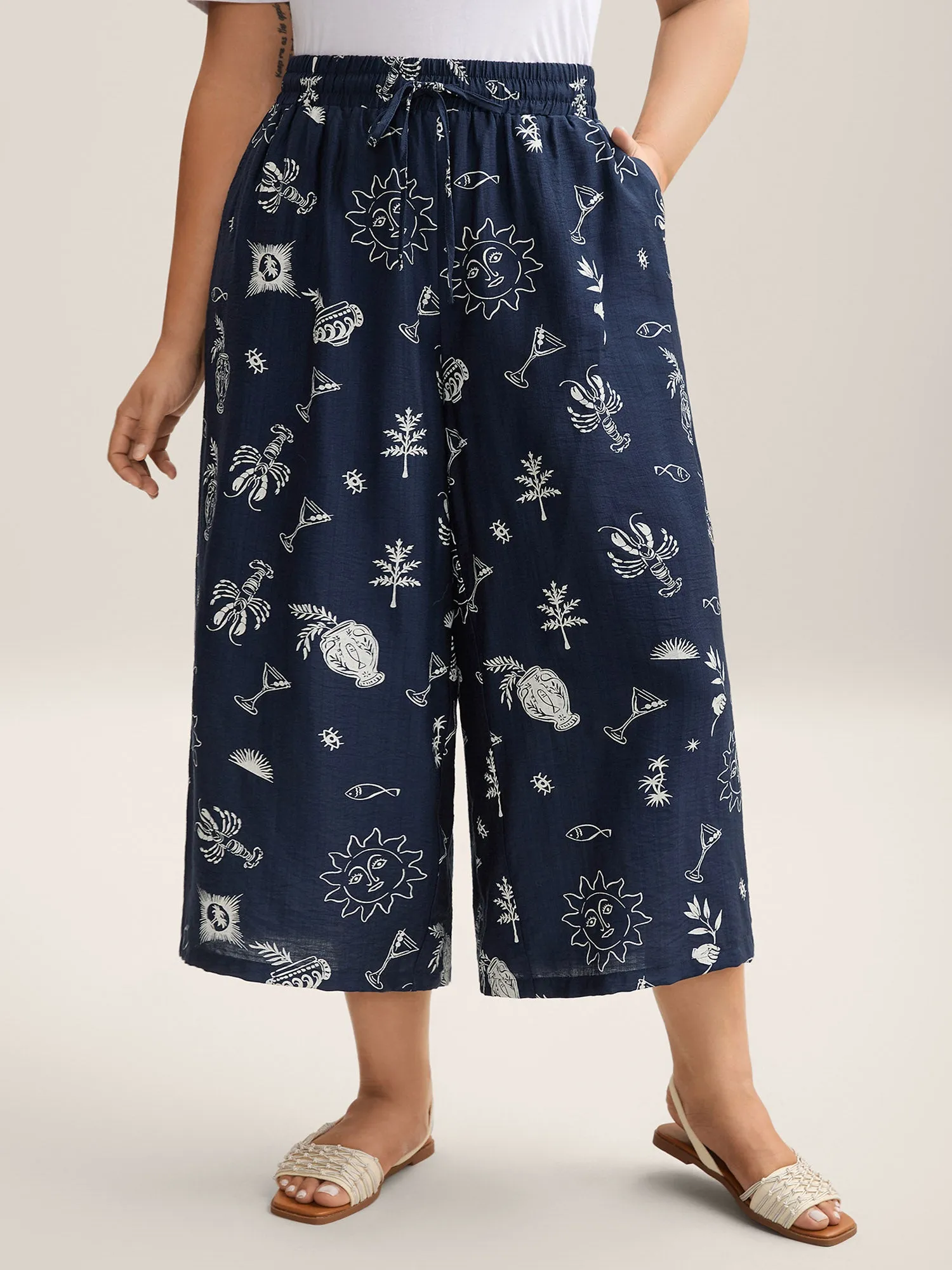 Marine Print Flowy Wide-Leg Pants sold by Bloomchic