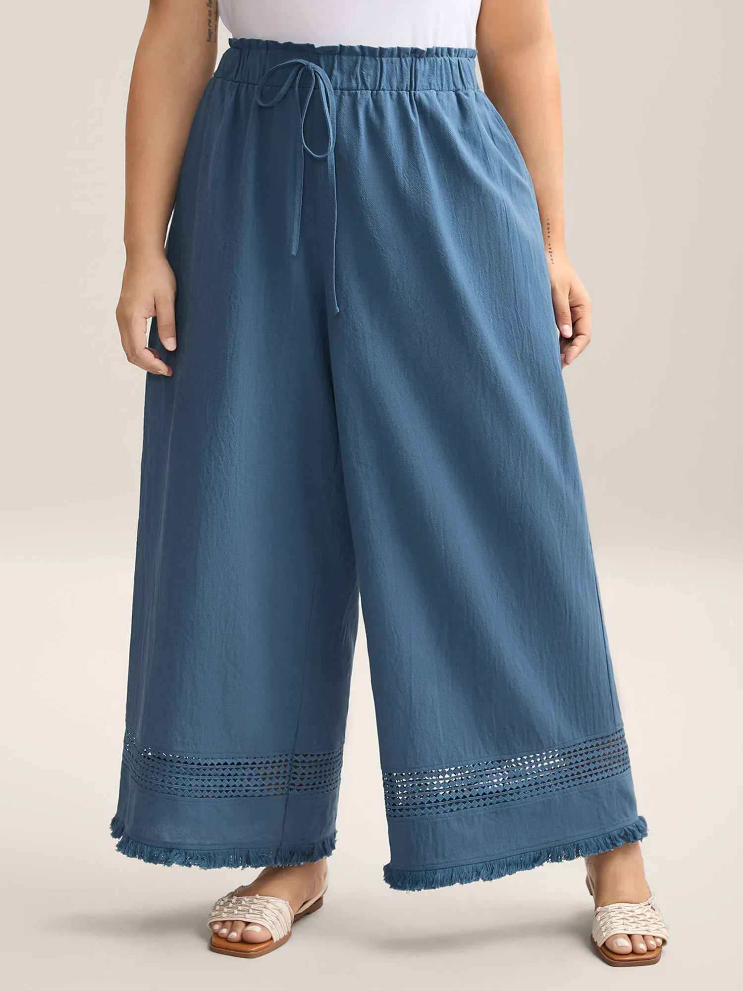 Cotton Waist-Tie Lace Wide-Leg Pants sold by Bloomchic