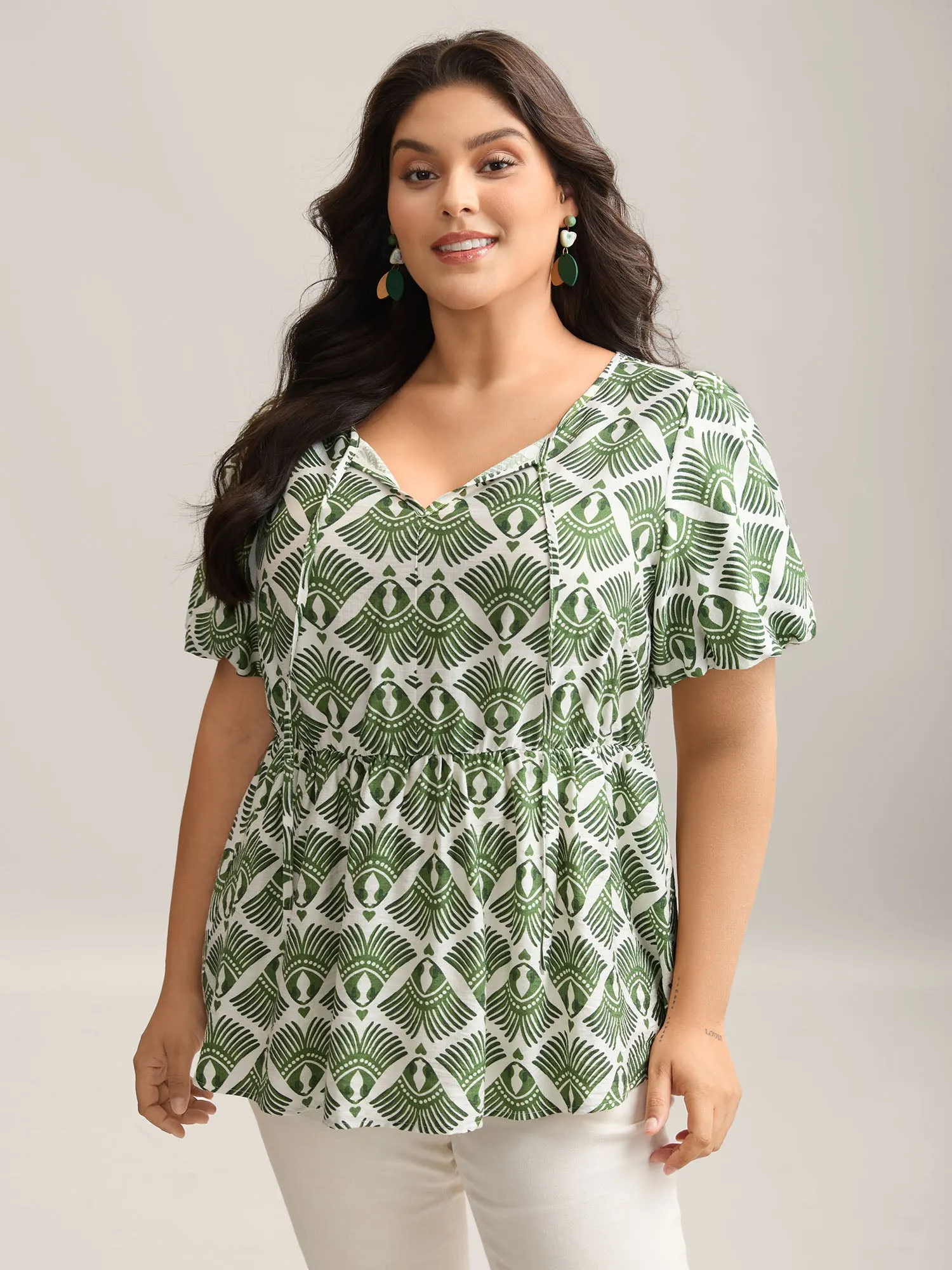 Large Floral Print Flared Sleeve Tie Blouse sold by Bloomchic