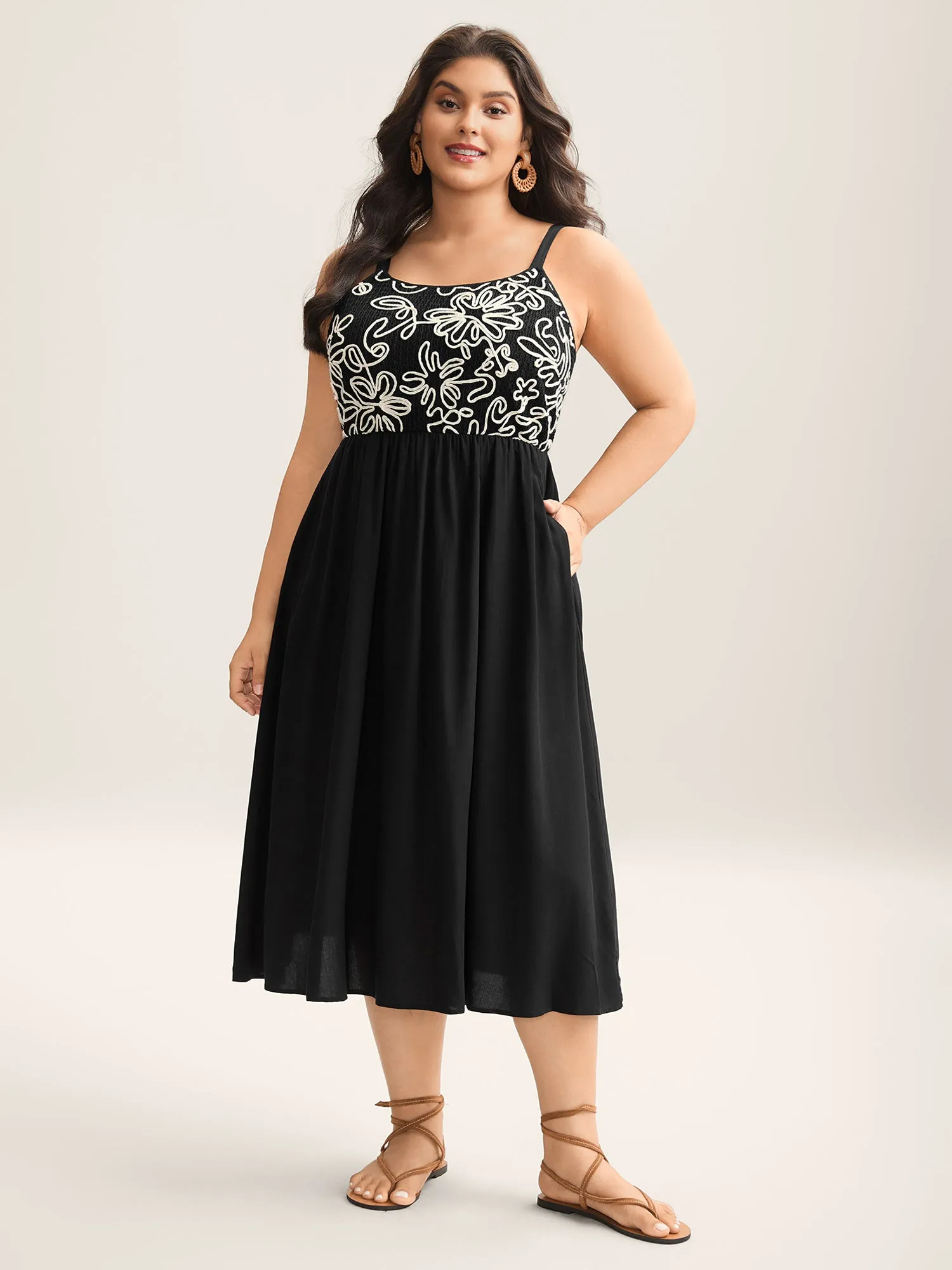 Floral Embroidered Pockets Spliced Midi Dress sold by Bloomchic product image thumbnail 3
